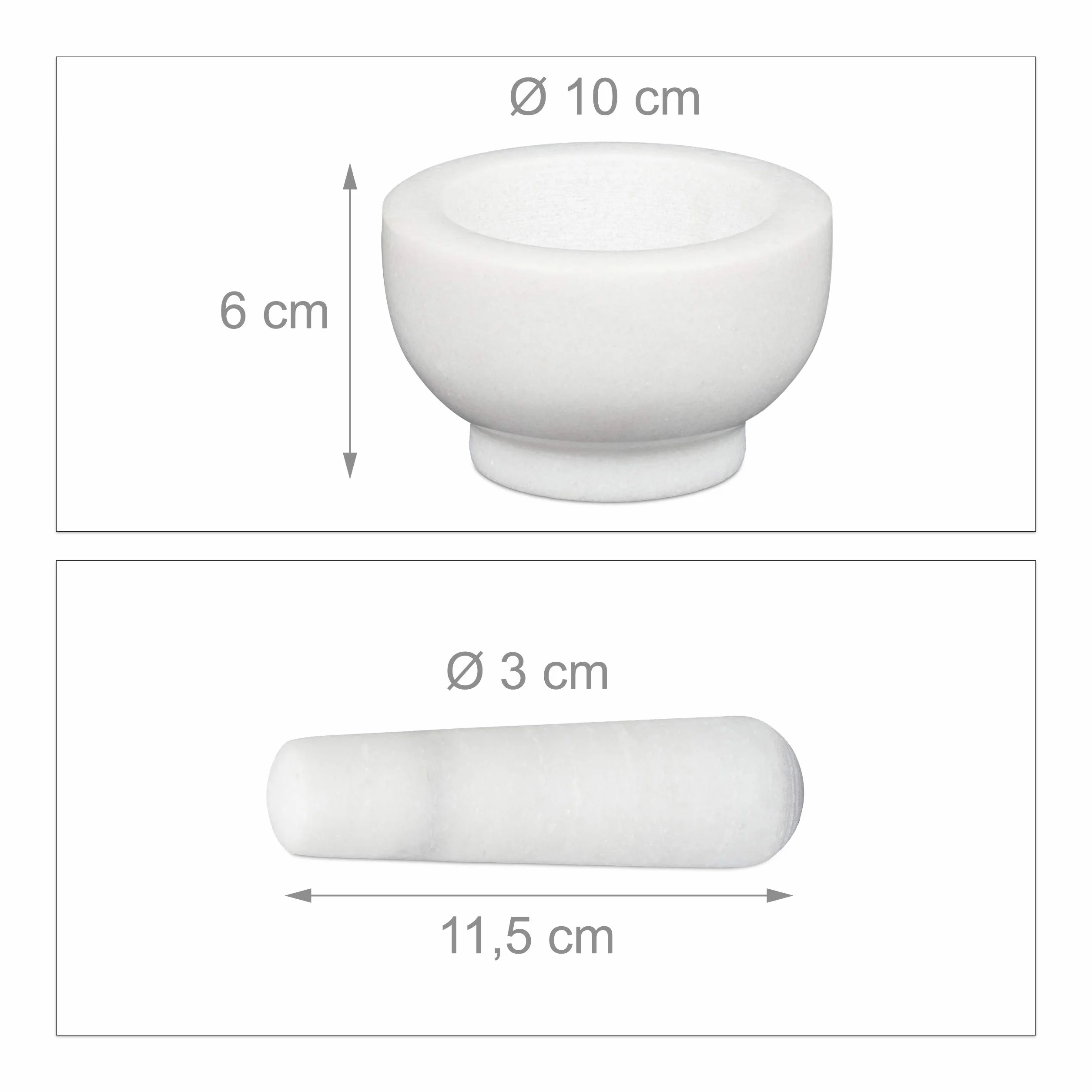 Relaxdays Marmurowy moździerz z tłuczkiem, wytrzymały i trwały, przyprawy, zioła, polerowany kamienny moździerz, Ø 10 cm, poj. 120 ml, biały, 6 x 10 x 10 cm