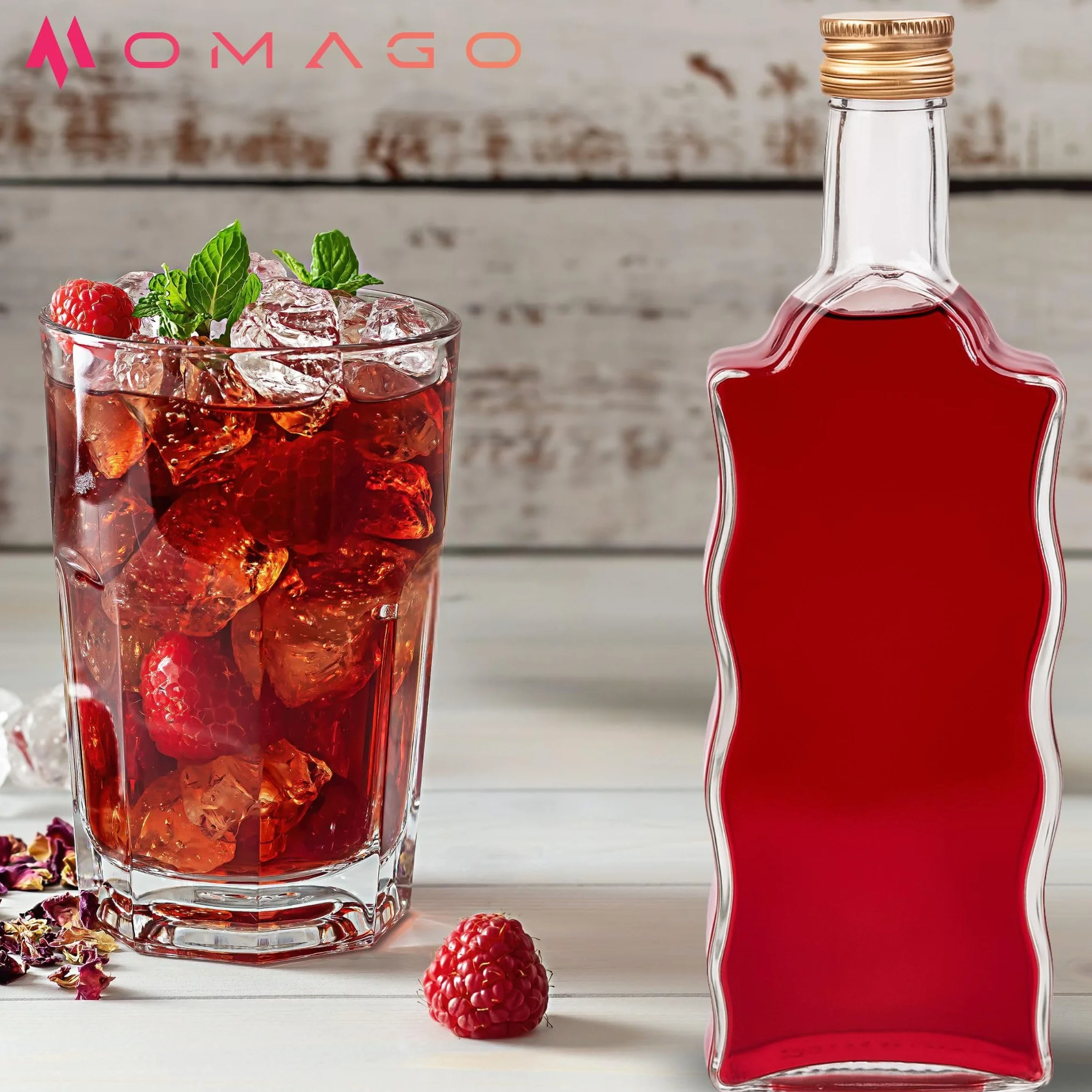 OMAGO® Zestaw 5 sztuk butelek, szklane butelki na soki, nalewki, wino, sznklane opakowanie z zakrętką, 5x, butelki, 0,5L, wysoka jakość