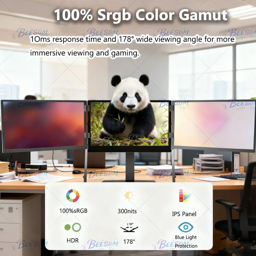 Rozszerzenie ekranu laptopa Quad Screen Extender, 14-calowy przenośny monitor HD 1080p Triple, automatyczna regulacja szerokości + obrót o 360°,funkcja Plug-Play dla laptopów 14-15,6” 15.6in