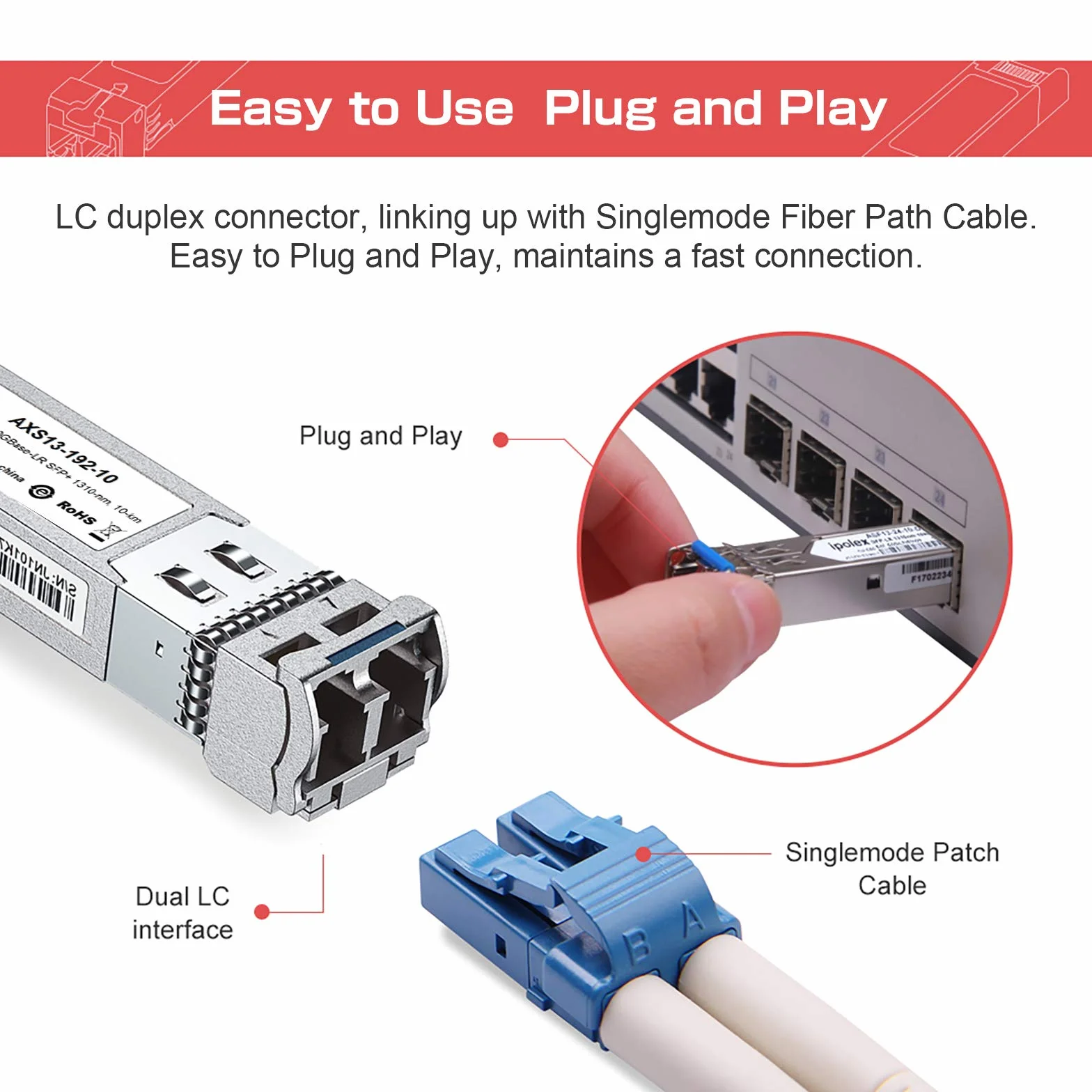 ipolex Transceiver 10G SFP+, 10GBase-LR 1310nm 10km LC jednomodowy moduł mini-Gbic kompatybilny z Aruba HP J9150A / J9150D. 2-pak