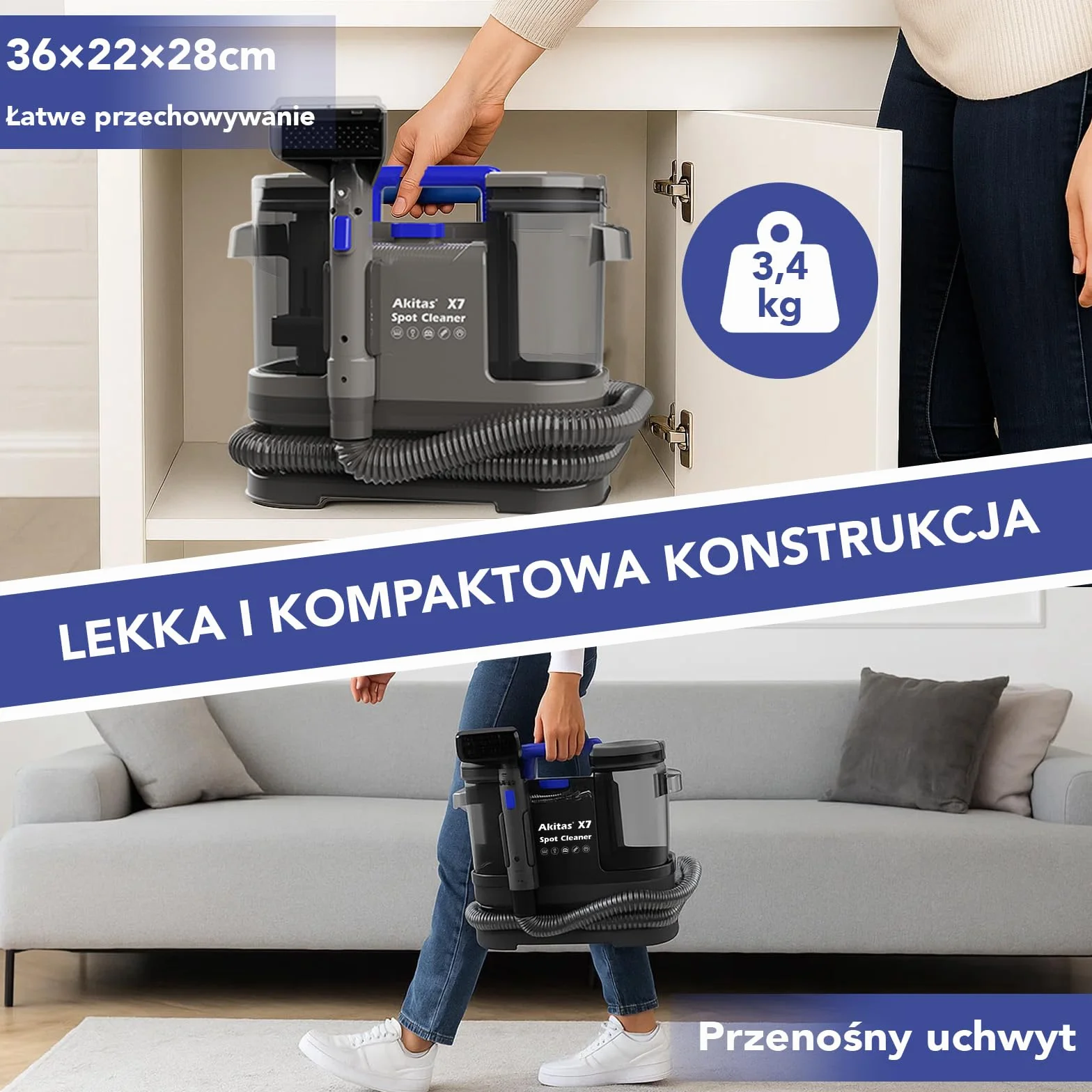 Akitas X7 600W Odkurzacz do Tapicerki 14kPa Samoczyszczący Podwójny Zbiornik