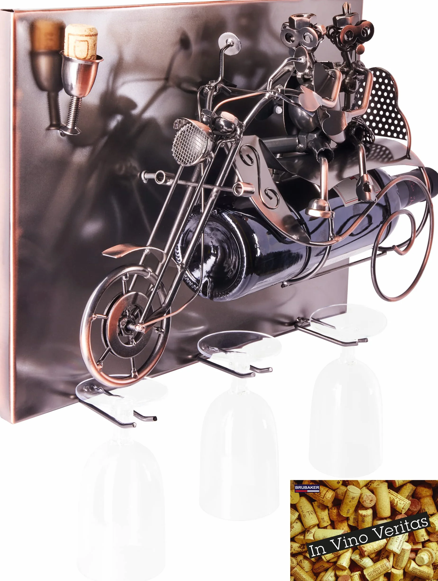 BRUBAKER Uchwyt na butelki wina para na motocyklu obraz ścienny metalowy 3 uchwyty na szklanki zestaw kartka prezent