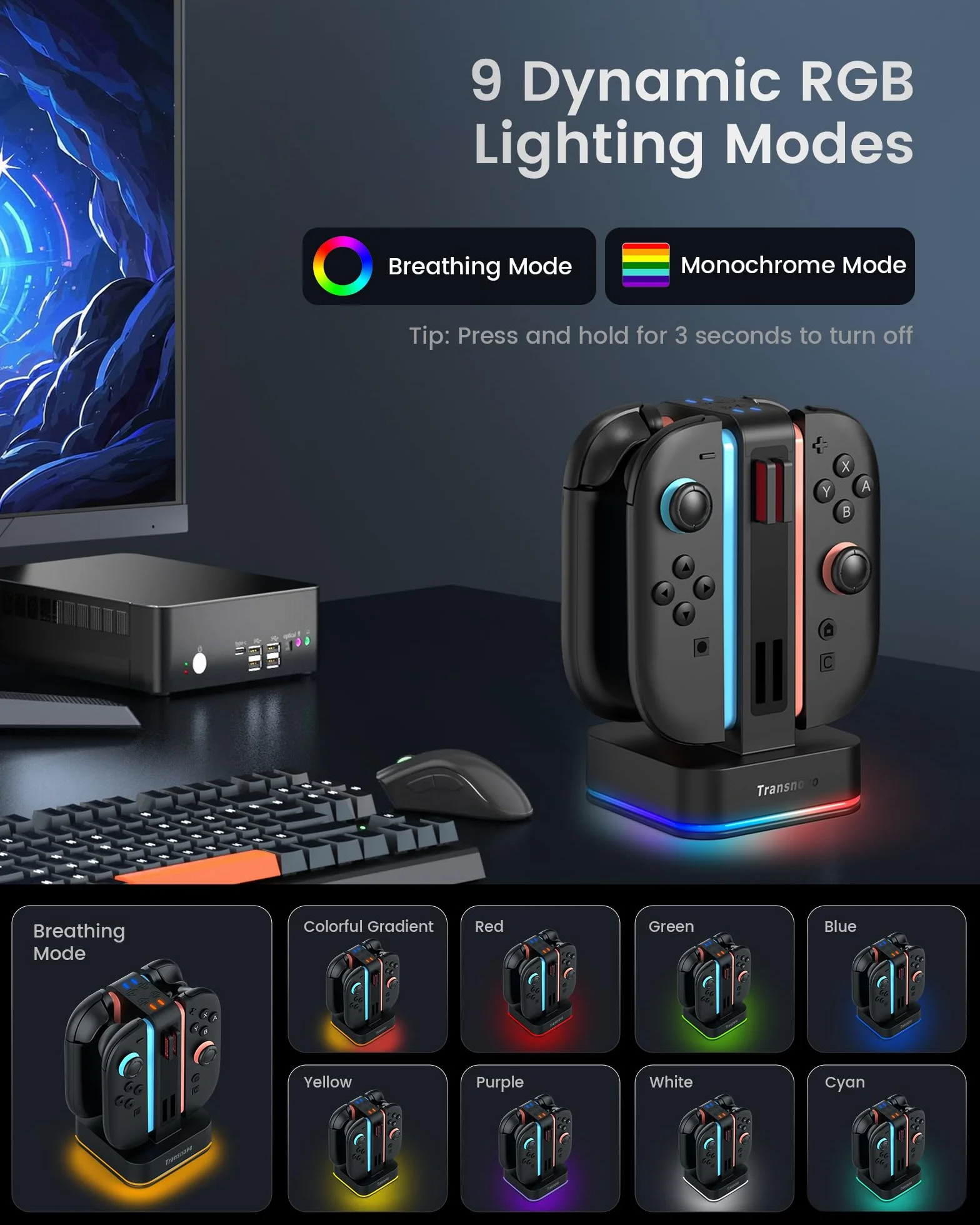 TRANSNOVO Stacja ladujaca kontrolera do Nintendo Switch, 4-gniazdnawa z wskaznikami LED, 9 trybow RGB, 8 gniazd do kart gier, jednoczesne ladowanie
