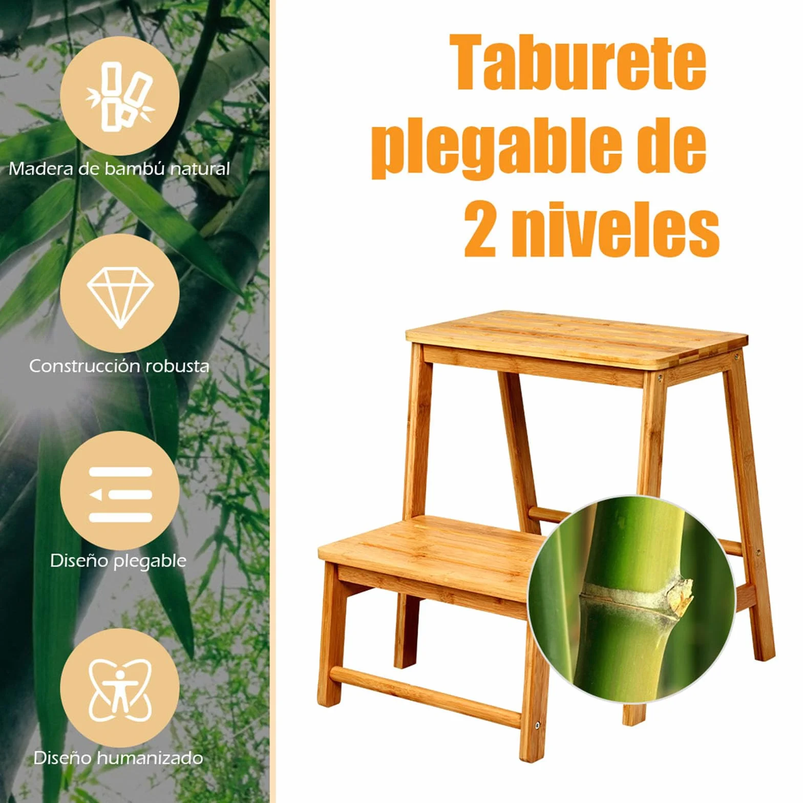 COSTWAY 2-stopniowy taboret składany, krzesło drabinkowe do 100 kg, 48 cm, bambus