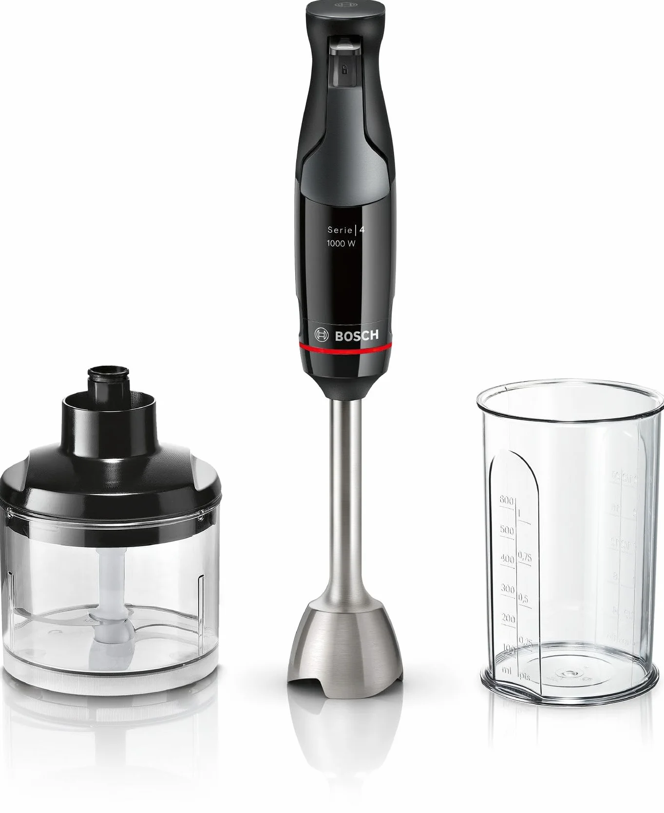 Bosch ErgoMaster seria 4 blender ręczny, 1000 W, blender ze stali nierdzewnej, rozdrabniacz, kubek do miksowania/pomiaru, czarny