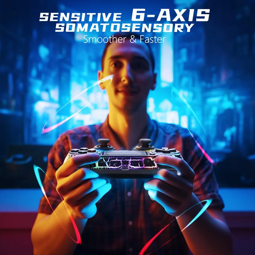 AceGamer Bezprzewodowy kontroler OLED do PS4, Black Crack Custom Design ze światłem RGB, bateria 1000 mAh, gniazdo audio 3,5 mm i funkcja Turbo, kompatybilny z PS4/Slim/Pro i Windows PC