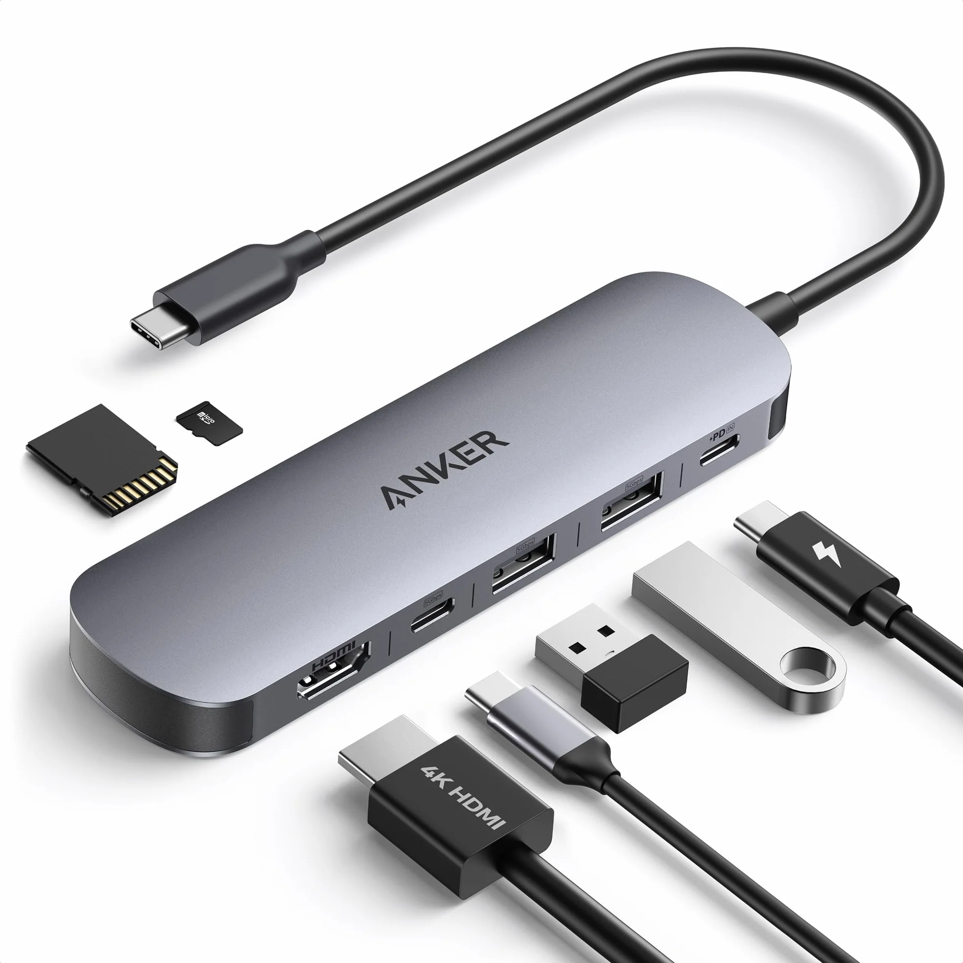 Anker Hub USB-C 7 w 1 z HDMI 4K @ 60 Hz, zasilaniem 85 W, portami USB-A/C 3.0 i czytnikiem kart SD/microSD dla urządzeń USB-C (bez zasilacza)