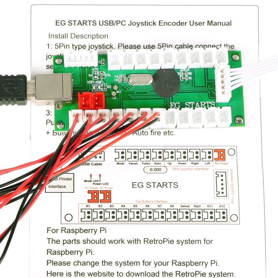 EG STARTS 2 gracze Arcade Game Kit USB Joystick do gry Mame Game DIY USB Encoder + 2x 8 Way Stick + 20 przycisków czerwony/czarny