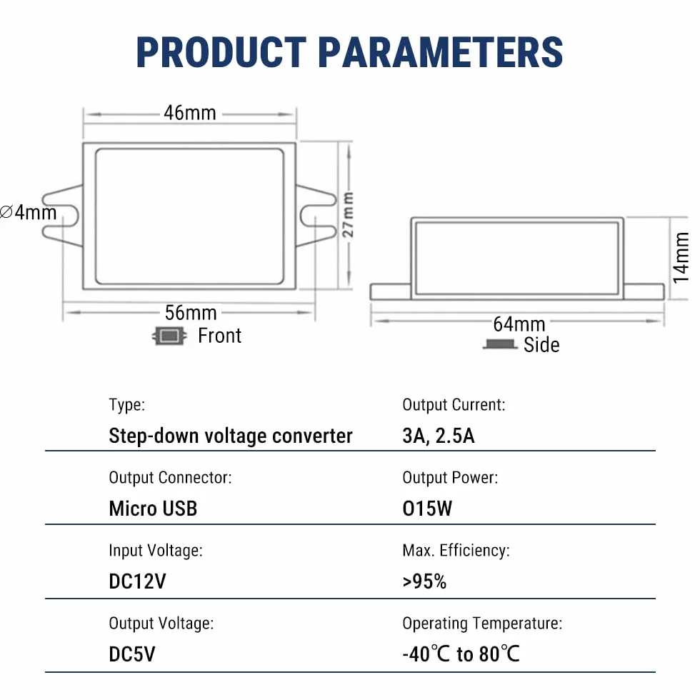 Przetwornica napięcia 12 V 5 V, regulator napięcia transformatora, DC-DC 12 V do 5 V 3 A Micro USB Buck Converter for Auto Smartphone, wyświetlacz LED, wentylator elektryczny