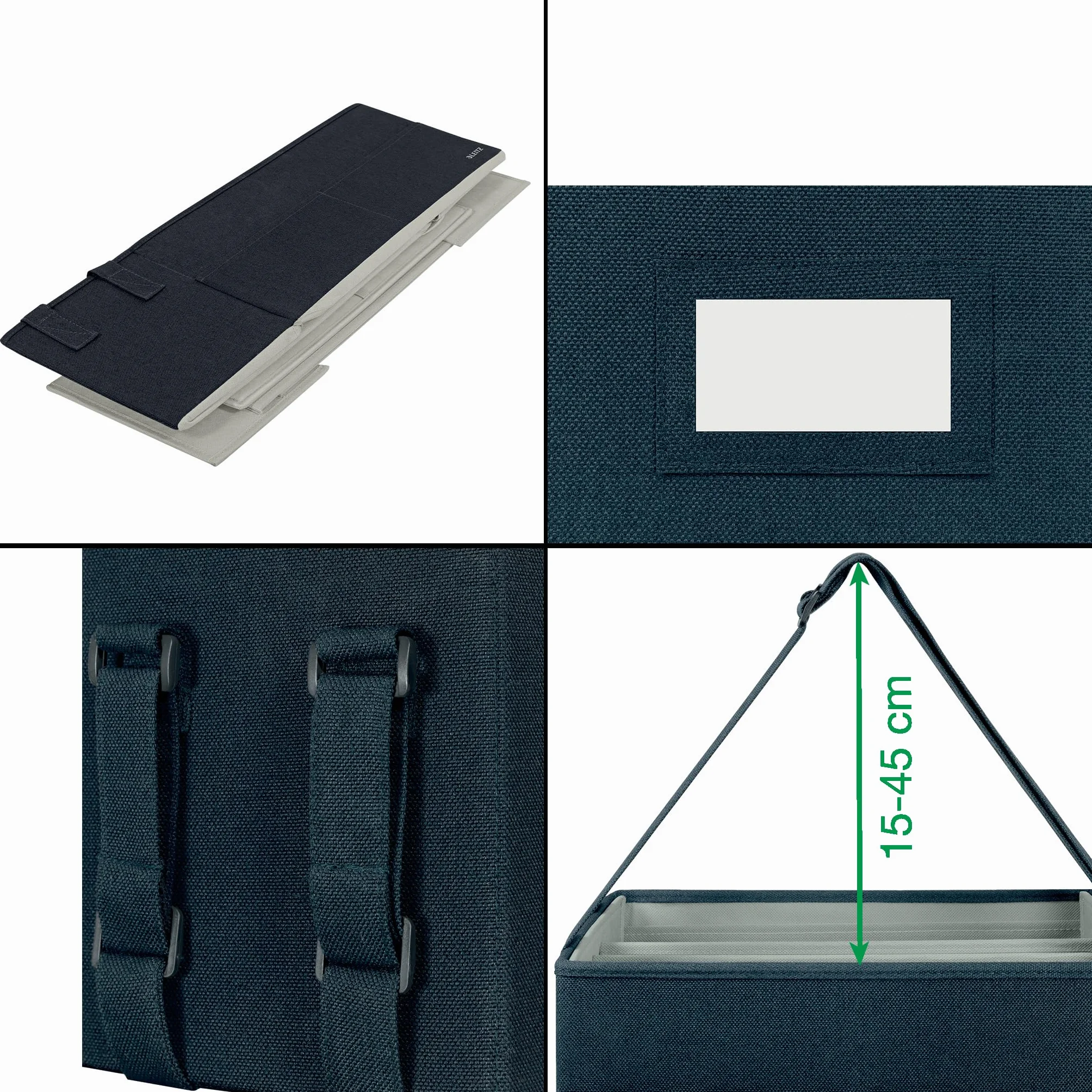 Kompaktowy, materiałowy organizer na biurko Leitz. Składana torba na laptopa, dokumenty czy inne akcesoria. Regulowane paski, 370 x 210 x 220 mm, Szary Aksamit, 65760089