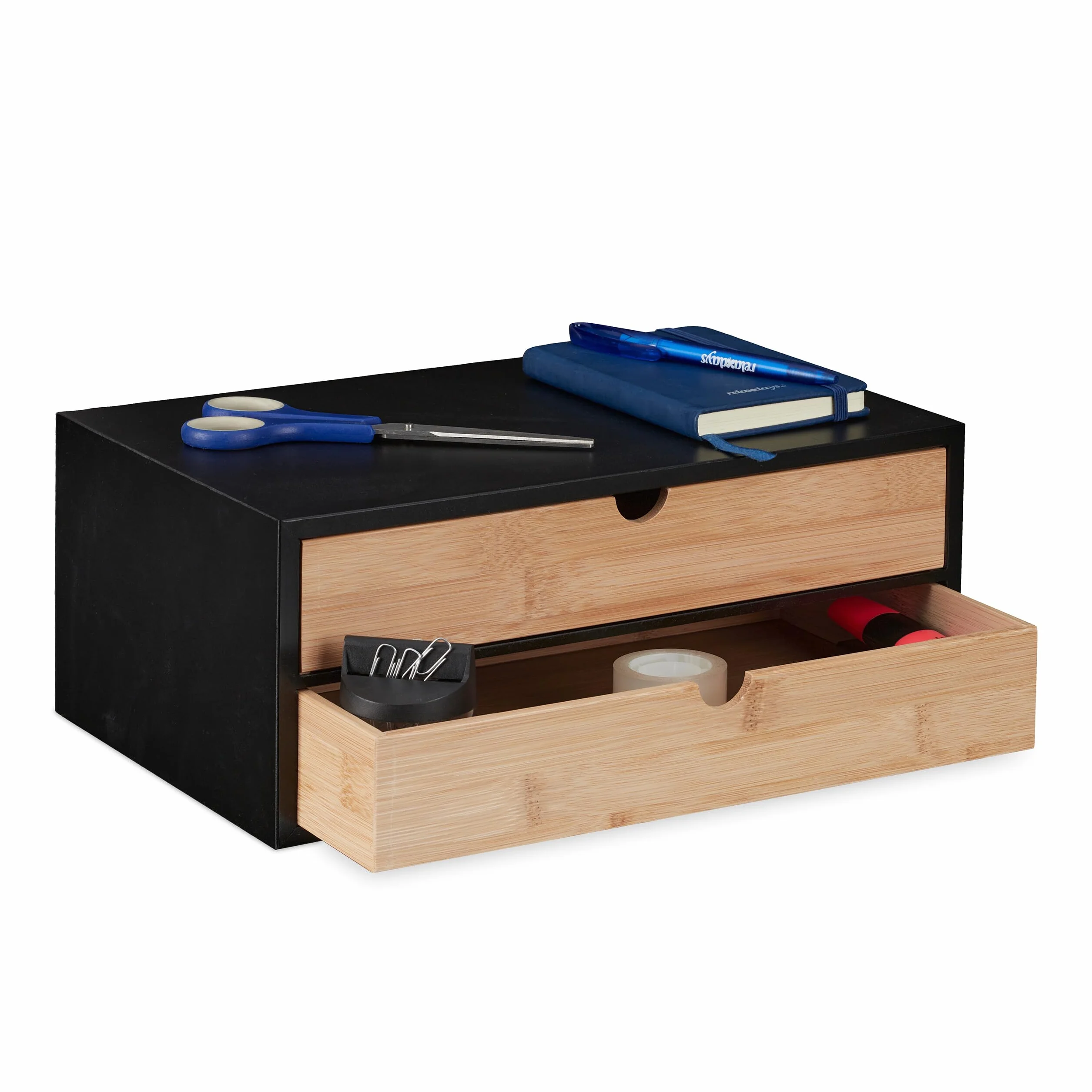 Relaxdays Pudełko z szufladami, bambus i MDF, mini komoda, 2 szuflady, wys. x szer. x gł.: 14 x 33 x 21 cm, organizer na biurko, czarny/naturalny