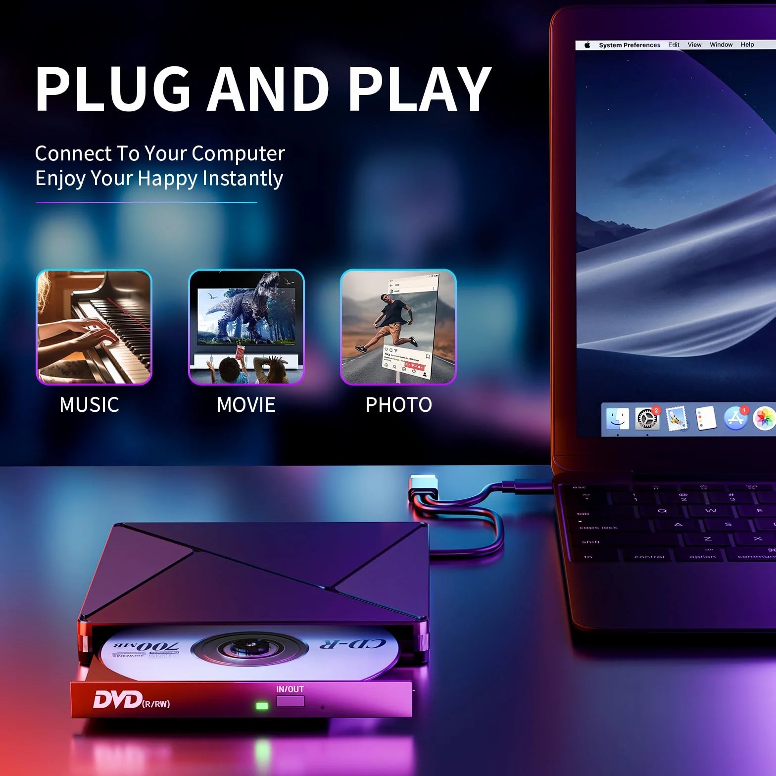 BHHB Zewnętrzny odtwarzacz CD DVD DVD Napęd zewnętrzny z USB 3.0 i USB-C, Napędy przenośne CD/DVD /-RW/ROM stabilny dla PC/laptopów/Windows 11/10/8/7/XP/Vista/Linux/MacOS