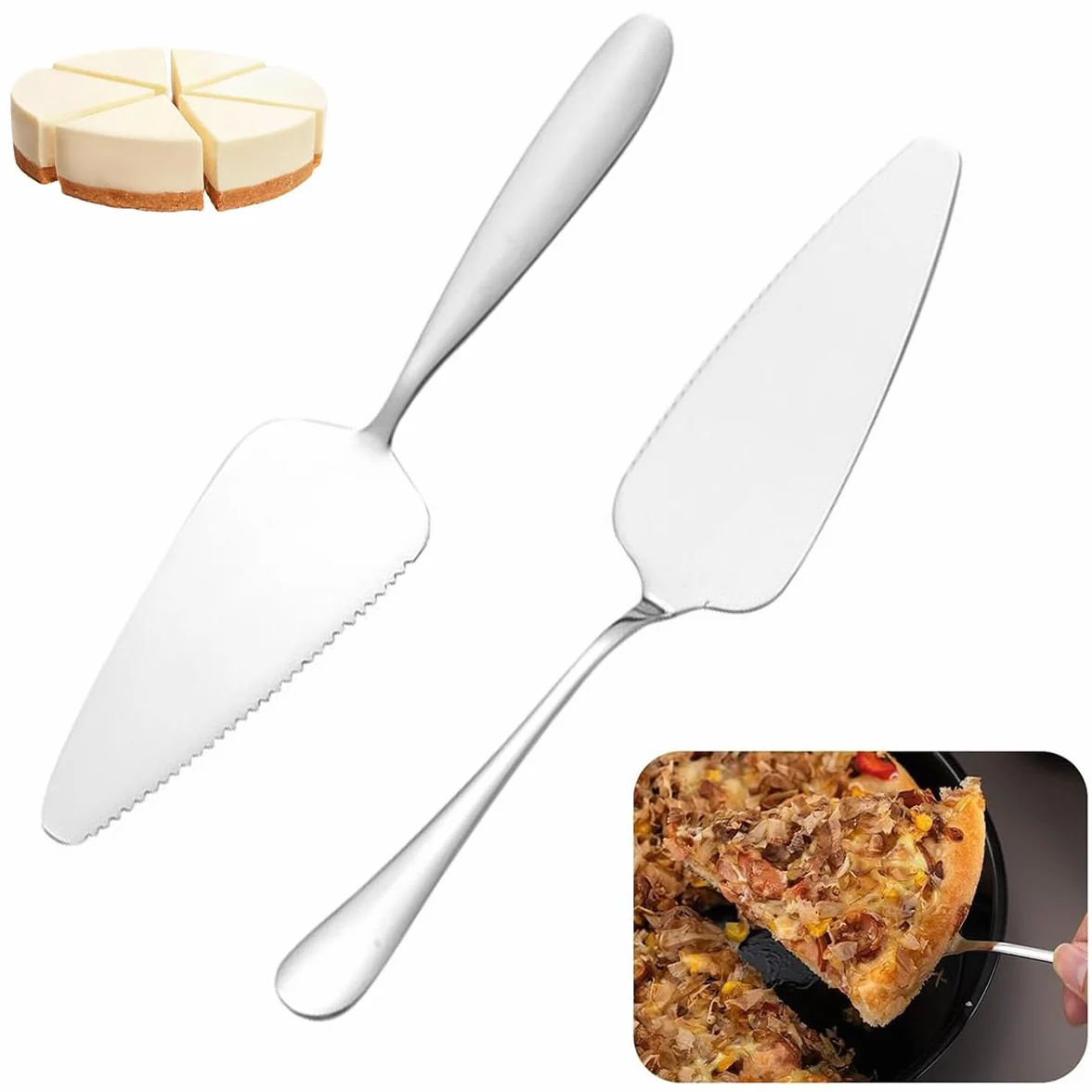 Łopatka do tortów, łopatka do ciasta, 2 sztuki, stal nierdzewna, zestaw łopatek do ciasta z ząbkowanym nożem i łopatką do tortów, idealna do kuchni, restauracji i imprez