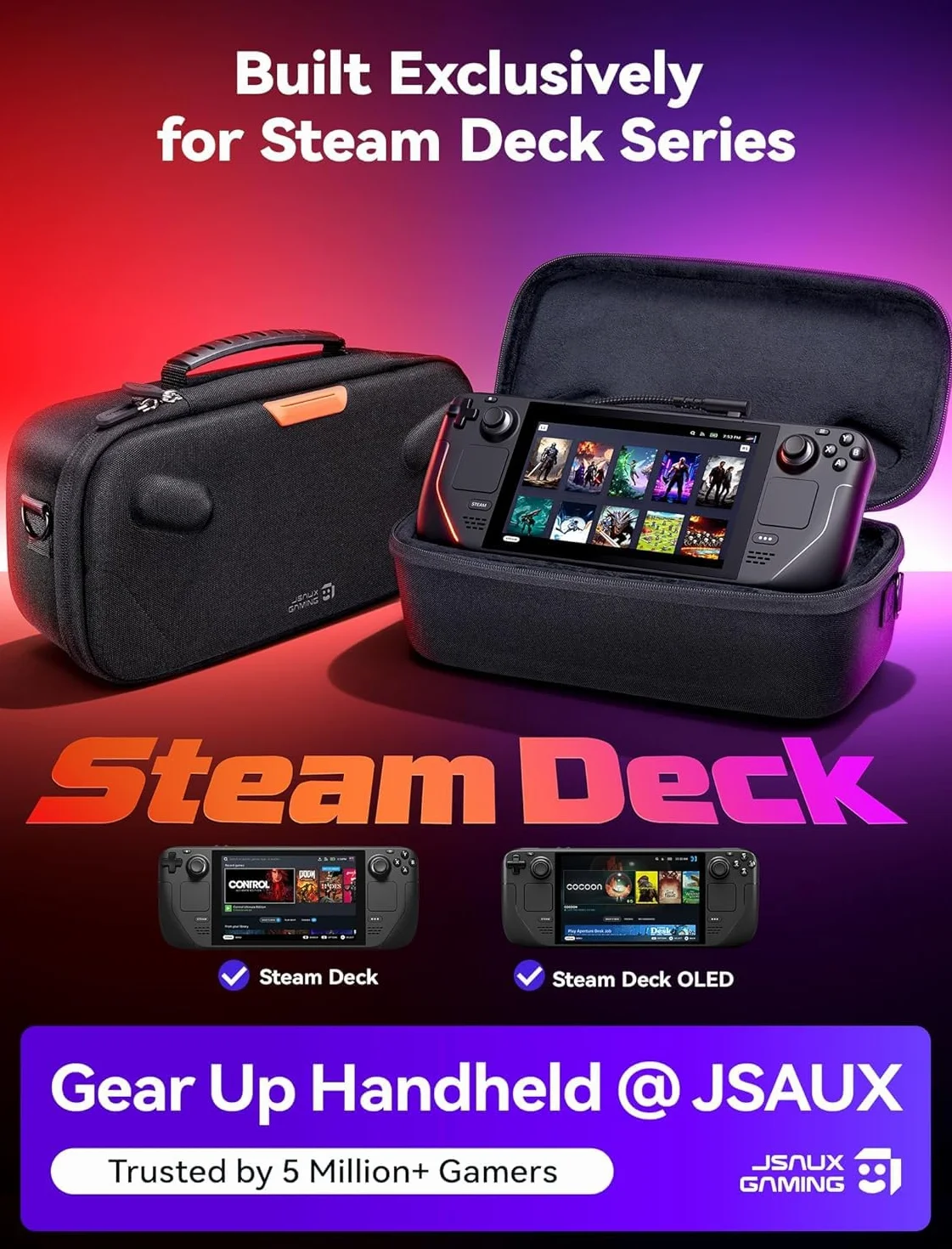 JSAUX Torba Steam Deck OLED, Dwuwarstwowa Twarda Obudowa Ochronna z Otworem na Kabel, Kątowy Kabel USB C, Duża Pojemność