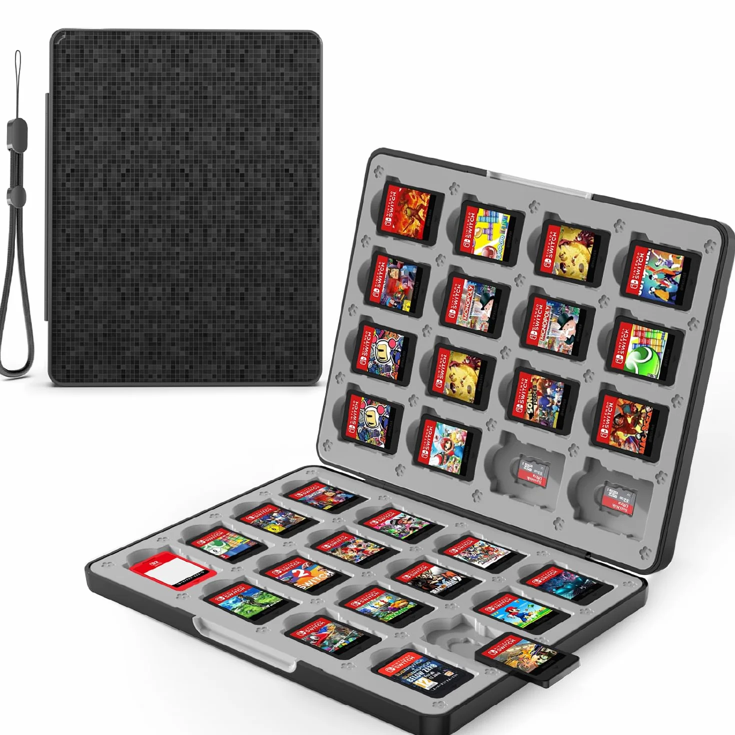 Fosmon Etui na Karty Gry dla Nintendo Switch 2/1 / OLED/Lite, Pojemnik na 32 Kartridże z 32 Slotami na Karty Micro SD, Magnetyczne Zamknięcie, Twarda Obudowa, Wyściółka Silikonowa, Czarny