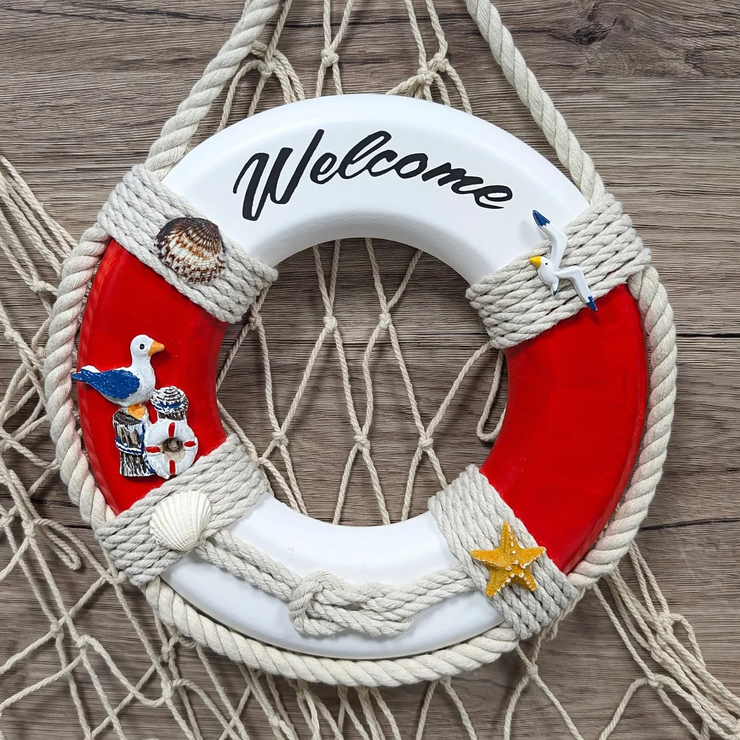 COM-FOUR® 1x dekoracyjne kolo ratunkowe wykonane z drewna z napisem „Witamy” - dekoracja wysylkowa do zawieszenia - morska dekoracja wiszaca do domu (Kolo ratunkowe „Witamy”)