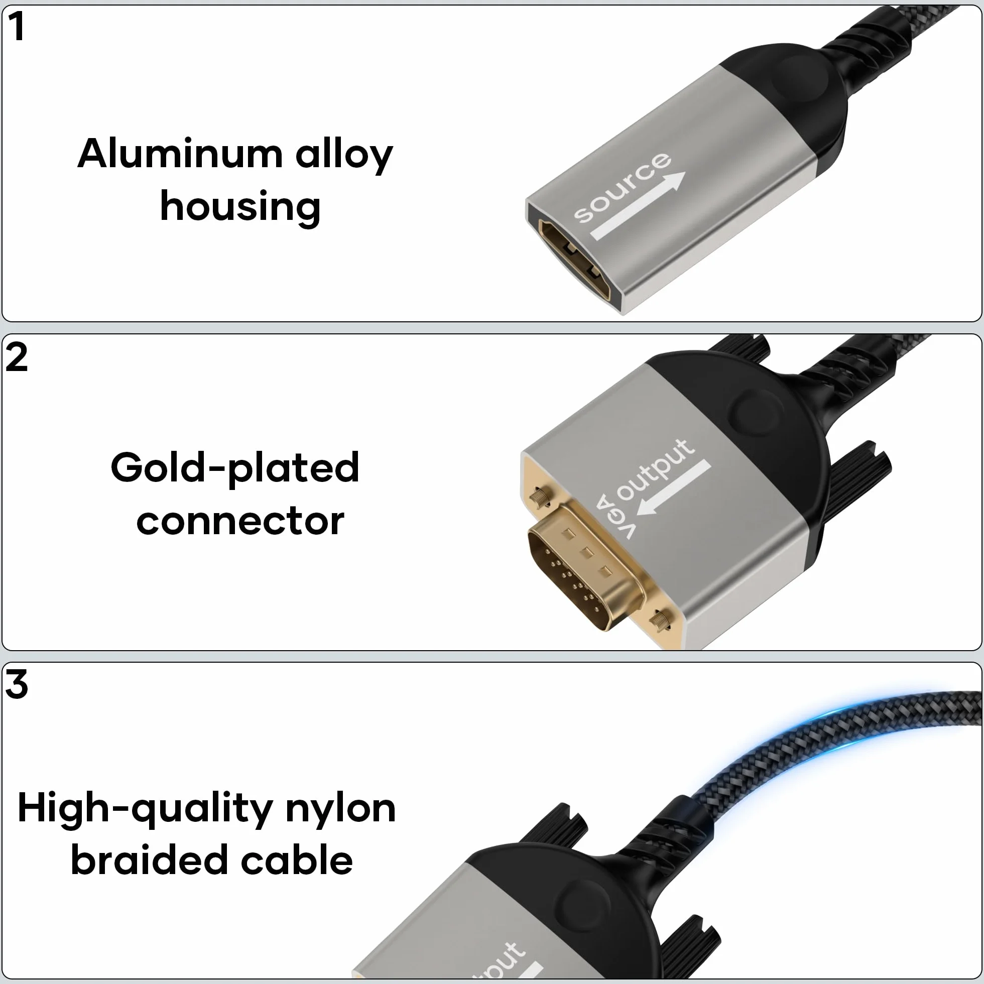 Adapter HDMI na VGA, adapter HDMI żeński na VGA, męski pleciony nylon 1080p, jednokierunkowy adapter HDMI do monitora VGA, do laptopa, komputera, TV Sticka, HDTV, odtwarzacza DVD, monitora, projektora