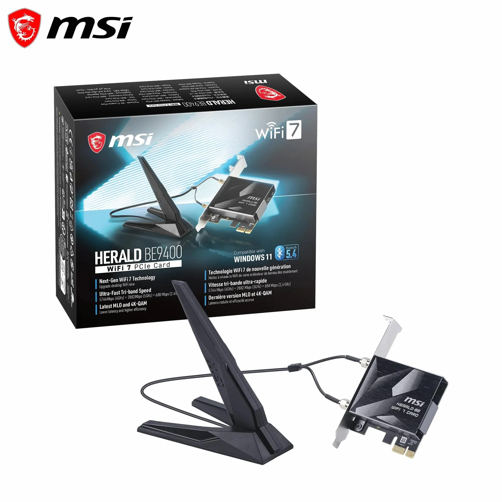 MSI Herald BE9400 7-pasmowa karta PCIe WiFi do komputera stacjonarnego, Bluetooth 5.4, 6 GHz, MLO, 320 MHz, 5,8 GB/s