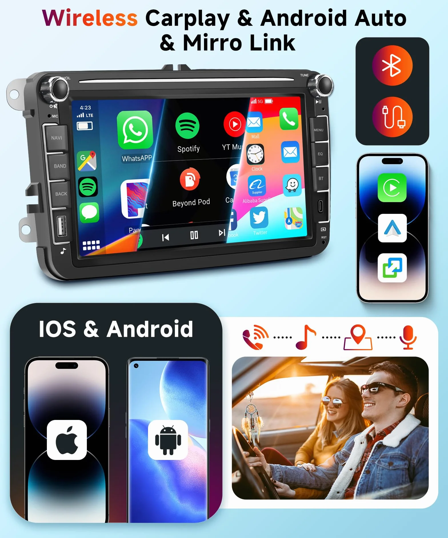 Radio samochodowe Hodozzy Carplay do VW Passat Golf Seat Altea Skoda Octavia z USB/USB C/nawigacją, 8 cali VW radio samochodowe Bluetooth z systemem Android Auto/Mirror Link/32 EQ/FM/RDS/SWC/WiFi +