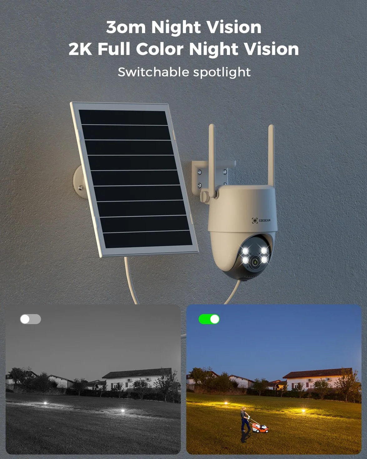 Kamera bezpieczeństwa COCOCAM 24/7 z nagrywaniem AOV WiFi, zewnętrzna, bezprzewodowa, z baterią 10000 mAh, panelem słonecznym 8 W, 2K PTZ, 30-metrowym widzeniem nocnym, wykrywaniem AI, śledzeniem AI,