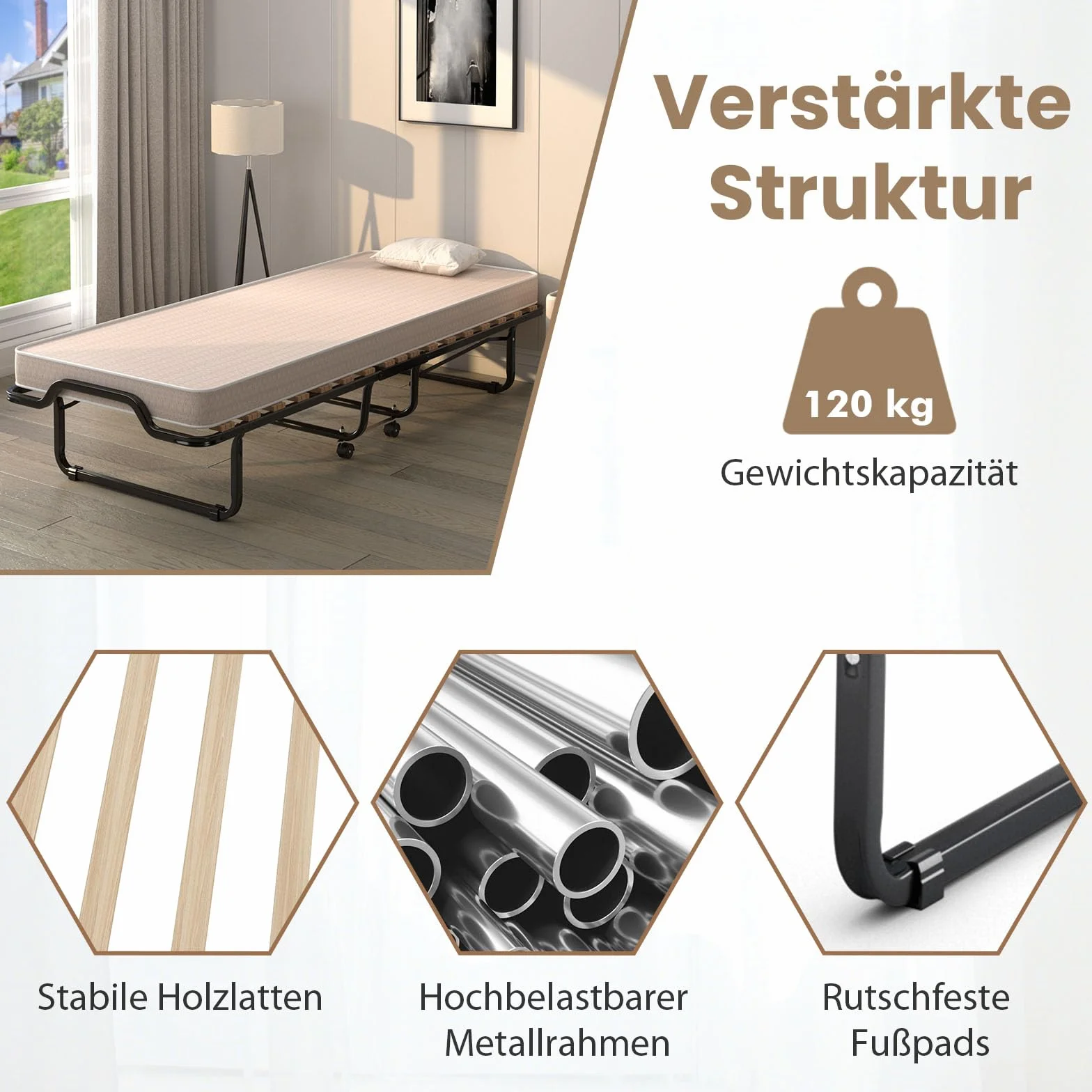 COSTWAY 90 x 200 cm, łóżko dla gości z materacem z pianki, składane łóżko pojedyncze, stabilne metalowe łóżko do 120 kg, składane łóżko na kółkach, składane łóżko na kemping i do pokoju gościnnego