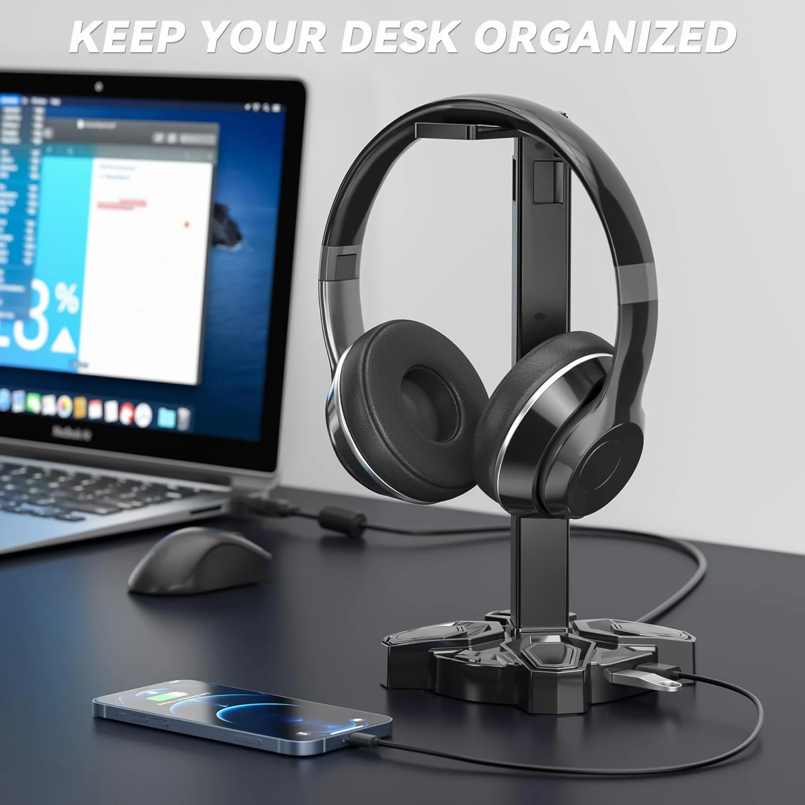 Stojak na Słuchawki Gaming RGB KDD, Obrotowy Stojak na Słuchawki z 9 Trybami Podświetlenia - Uchwyt na Kontroler z 2 Portami Ładowania USB i 3,5 mm - Wieszak na Słuchawki, Akcesoria na Biurko (Czarny)