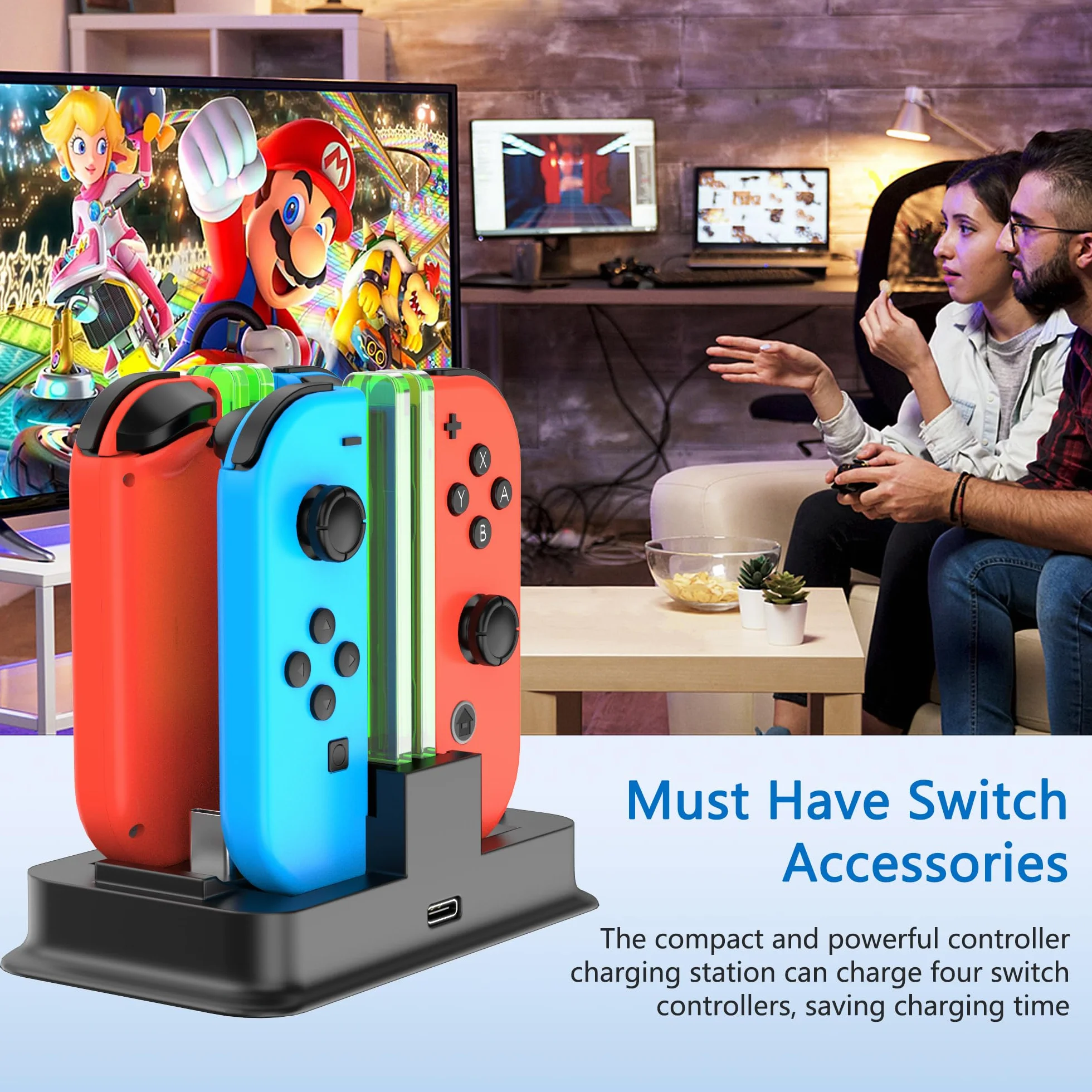 RREAKA Charging Dock for Nintendo Switch Joy Con Charger with LED Light Bar, Switch OLED Joycon Charging Stand - Black