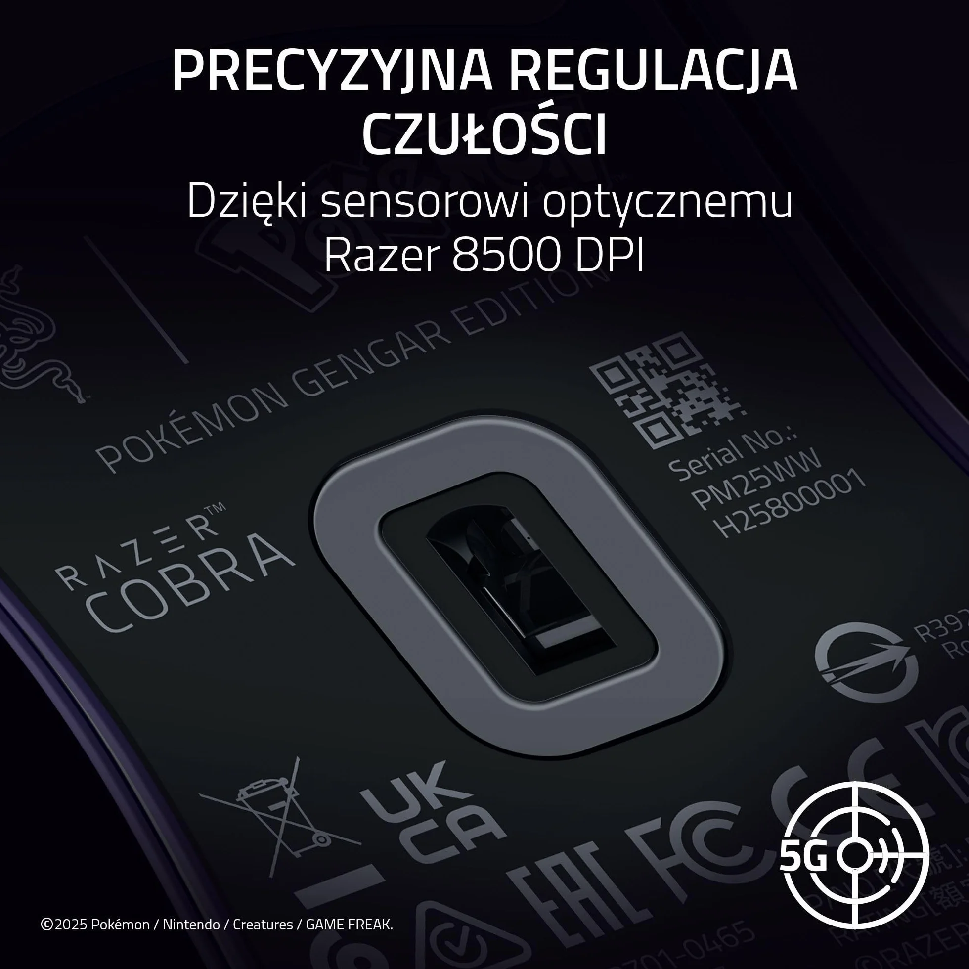 Razer Cobra Gengar Edition Przewodowa Mysz Do Gier 8500 DPI 58 g Przełączniki Optyczne Podświetlenie Chroma Kabel Speedflex PC/MAC Pokémon