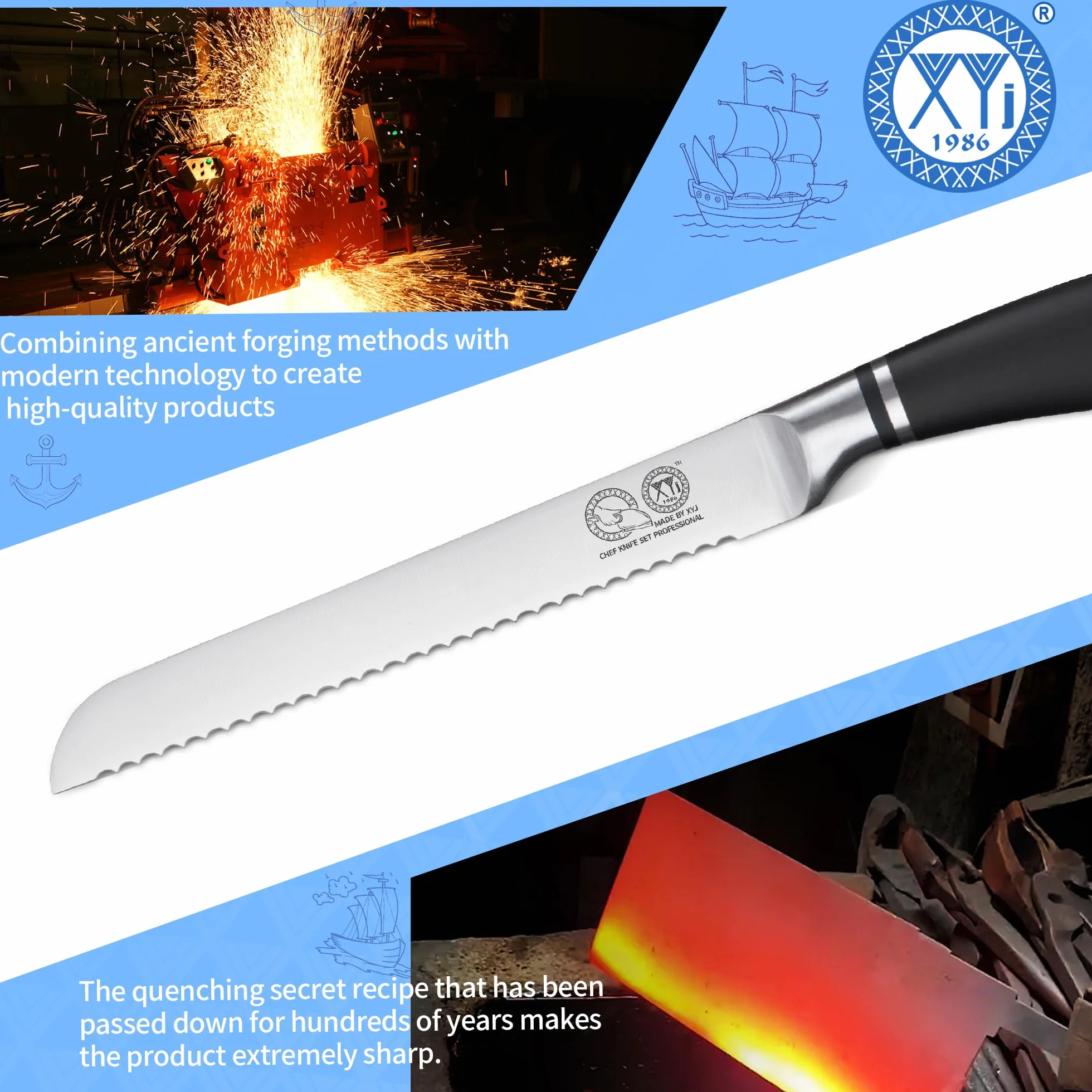 XYJ Authentic Since 1986, Serrated 8 Inch Stainless Steel Ultra Sharp Bread Knife, Ergonomic Handle, Kitchen Knife with Sheath
