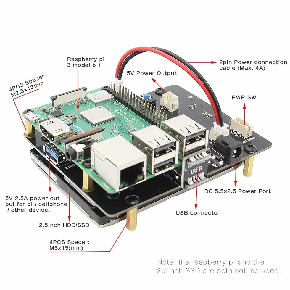 DollaTek Rasberry Pi 3 B+/3B SATA HDD/SSD p?yta rozszerzeń pami?ci masowej, mobilny modu? dysku twardego X820 V3.0 USB 3.0 kompatybilny z 2,5-calowym SATA HDD/SSD/Rasberry Pi 3 Model B+ (B Plus)/3