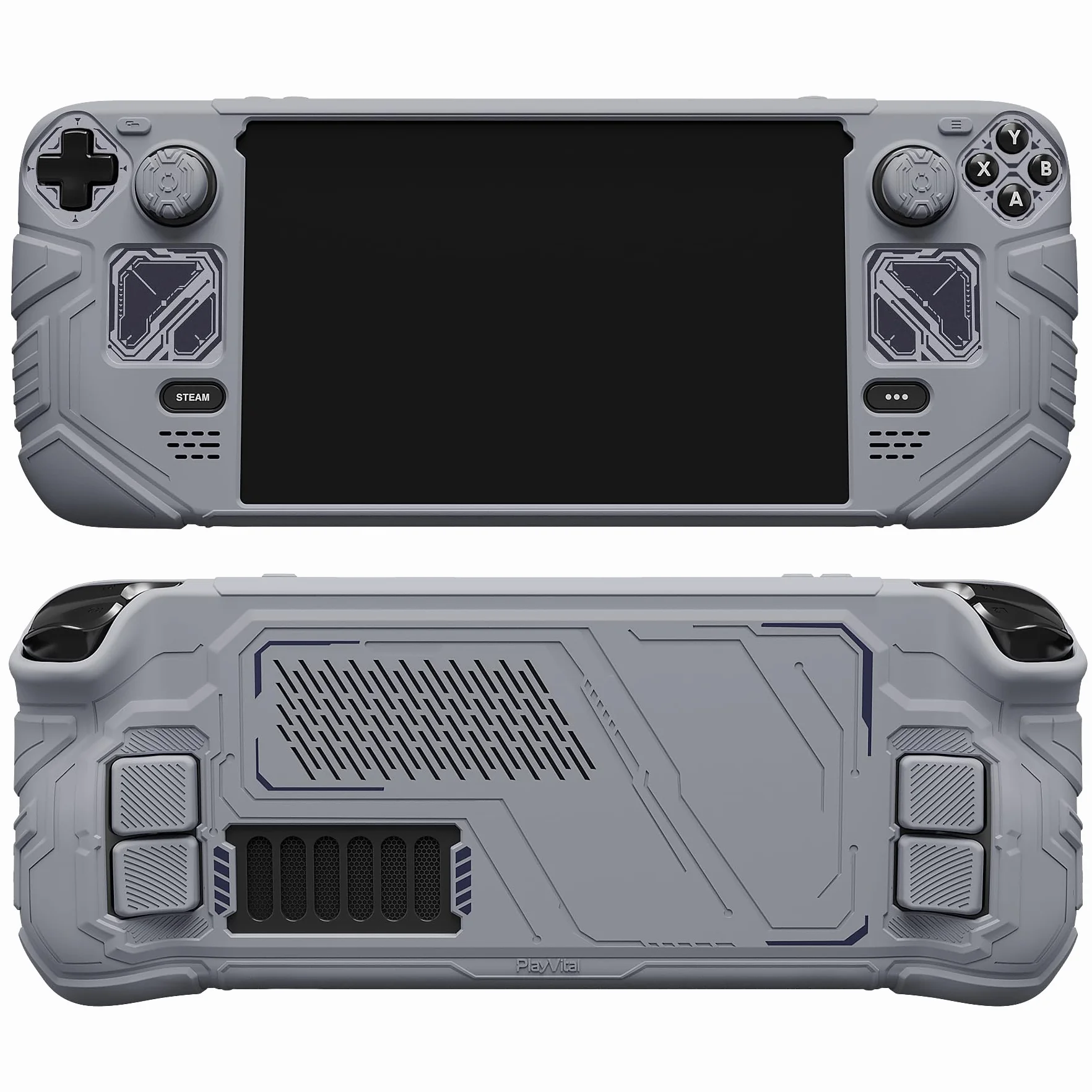 PlayVital Etui do Steam Deck OLED & LCD z Przyciskami Tylnymi & Nakładkami Joystick & Naklejkami,Silikonowy Pokrowiec do Steam Deck Akcesorium Ochronne– Szary Mécha