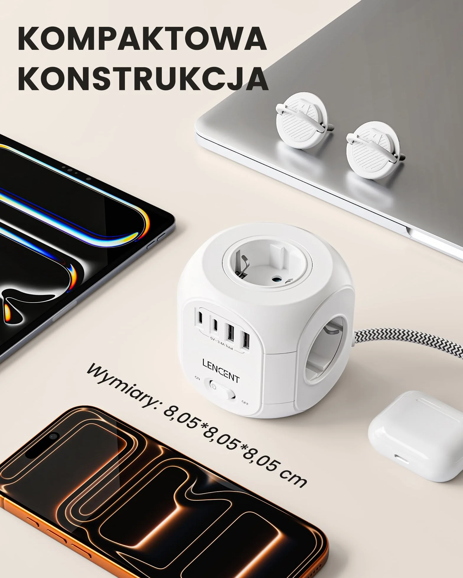 LENCENT Listwa Zasilająca Płaską Wtyczką z 4 Gniazd, Wielokrotna Wtyczka z 2 Metry Kablem w Oplocie, Przedłużacz z 3 Gniazdami USB-A+1Typ-C, 8 w 1 Listwa Zasilająca z Przełącznikiem Gniazdka, Biały