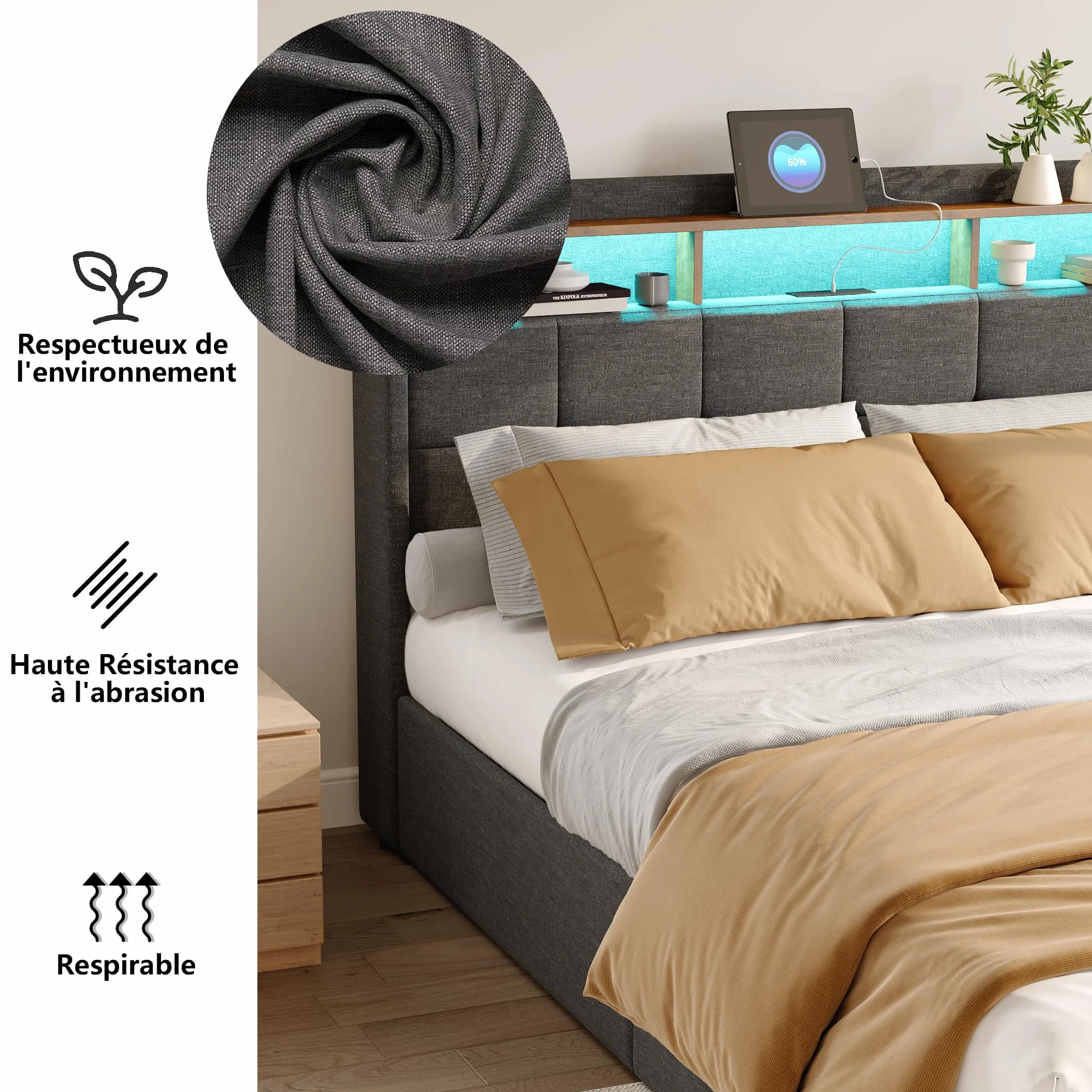 Łóżko Podwójne Pikowane 160 x 200 cm z Szufladą, Oświetleniem LED i Ładowaniem USB - Szare