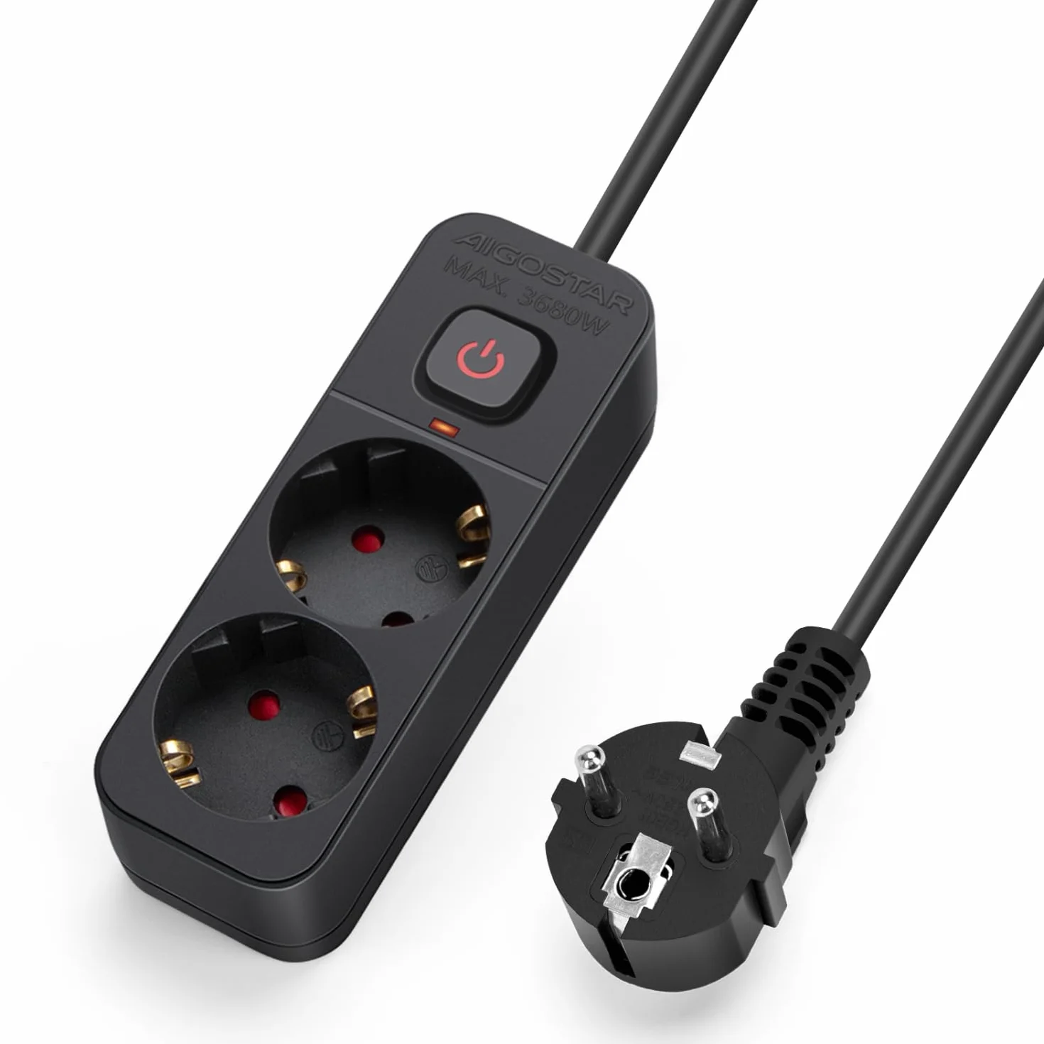 Listwa zasilająca Aigostar, przedłużacz z 2 gniazdami i wyłącznikiem, kabel 3 m, czarny