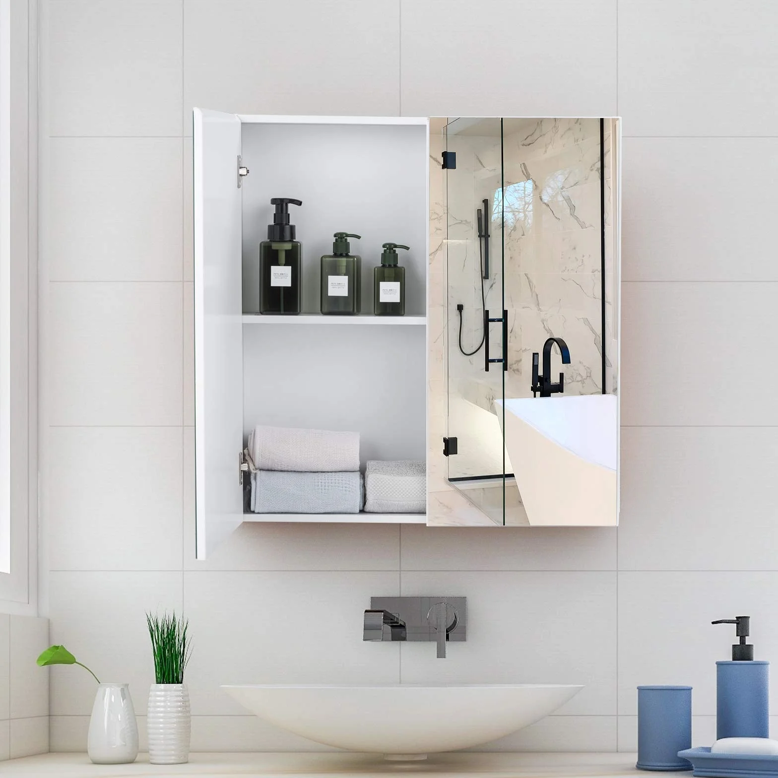GOPLUS Szafka z lustrem z 2 drzwiami, szafka łazienkowa z lustrem, szafka wisząca, szafka łazienkowa, szafka ścienna do łazienki, 65 x 11 x 65 cm, biała