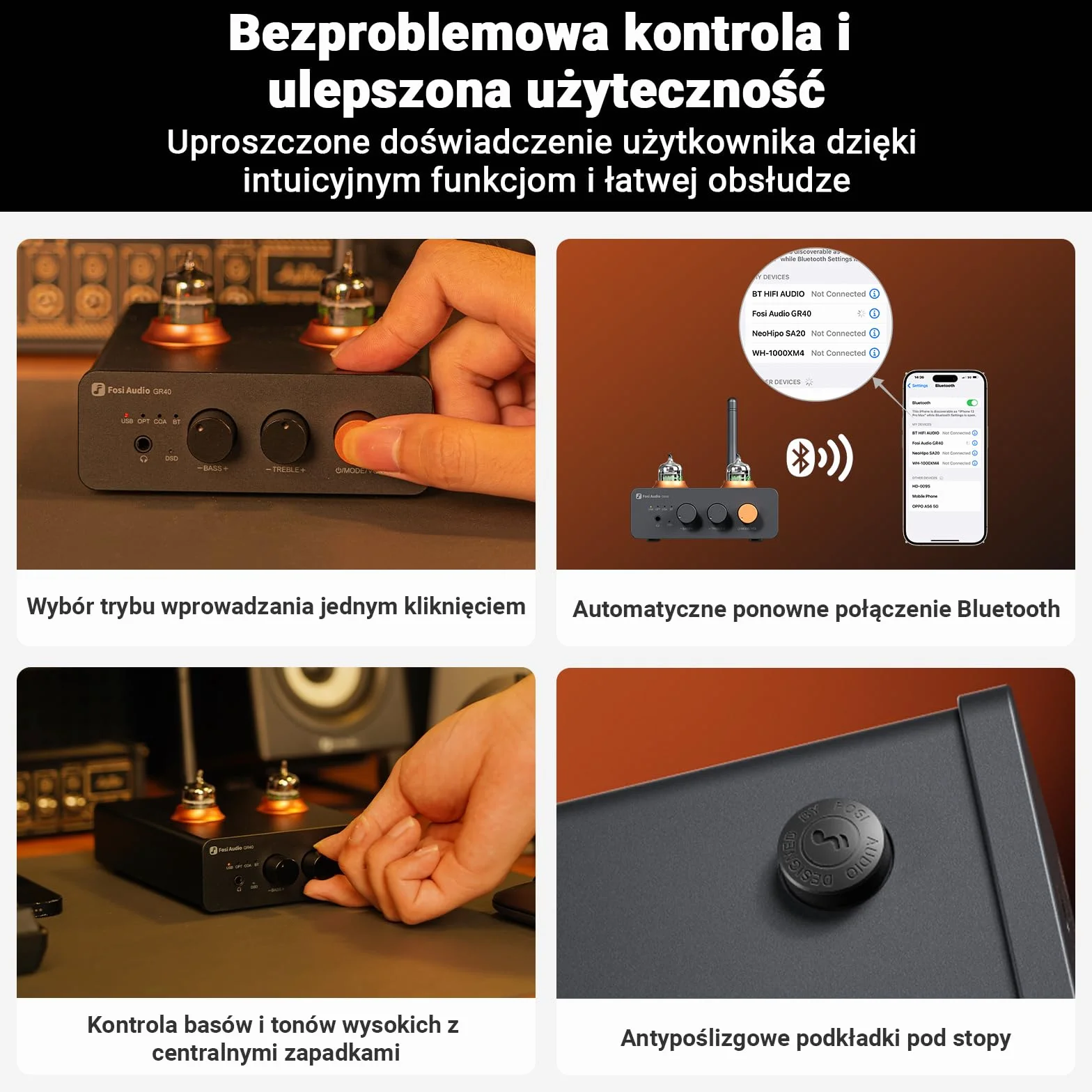 Fosi Audio GR40 Przedwzmacniacz Lampowy z Przetwornikiem DAC, Stereofonicznym Wzmacniaczem Słuchawkowym 3,5mm Domowe Audio do Aktywnych Głośników/Słuchawek, Przedwzmacniacz z Bluetooth i USB/OPT/COAX