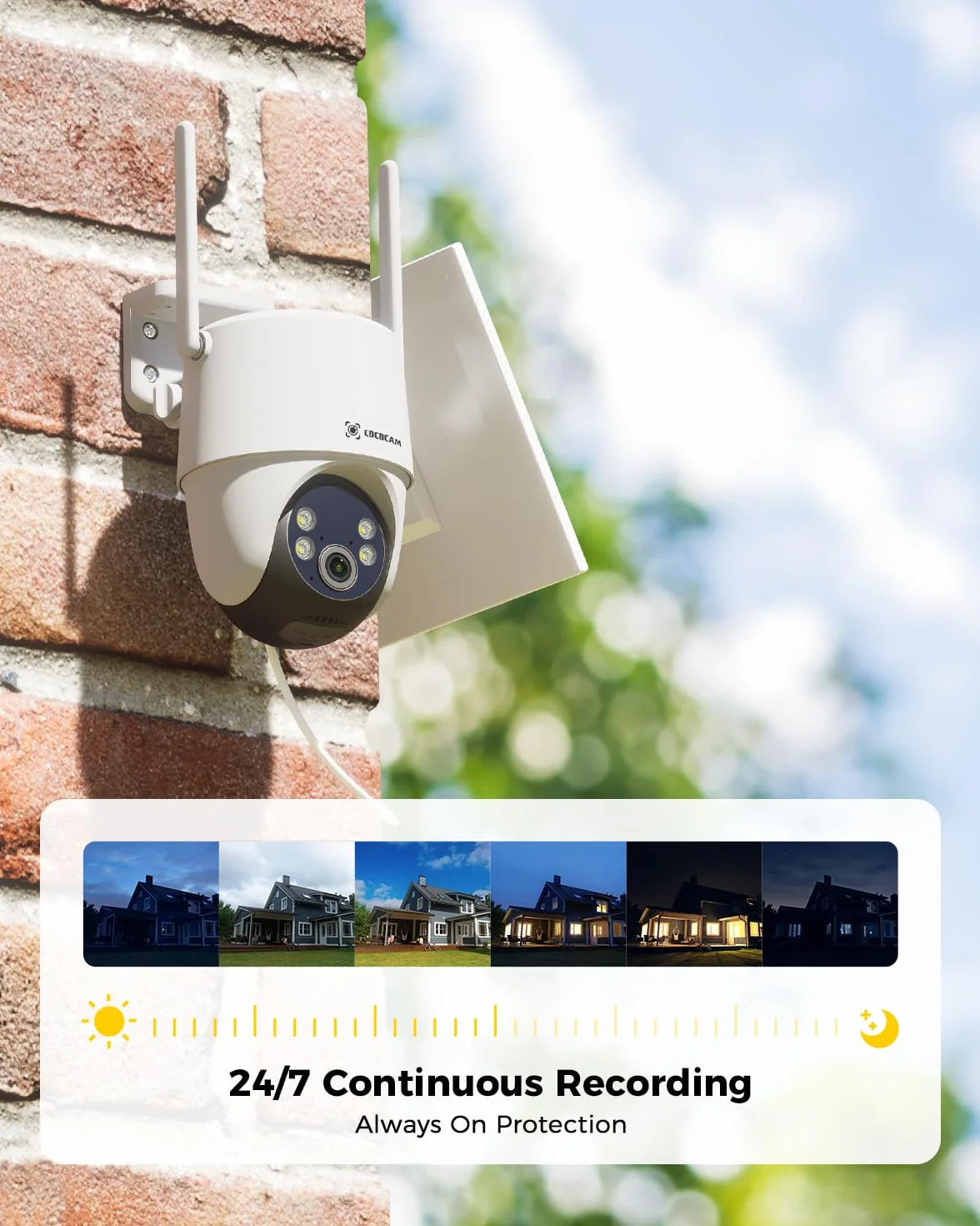 Kamera bezpieczeństwa COCOCAM 24/7 z nagrywaniem AOV WiFi, zewnętrzna, bezprzewodowa, z baterią 10000 mAh, panelem słonecznym 8 W, 2K PTZ, 30-metrowym widzeniem nocnym, wykrywaniem AI, śledzeniem AI,