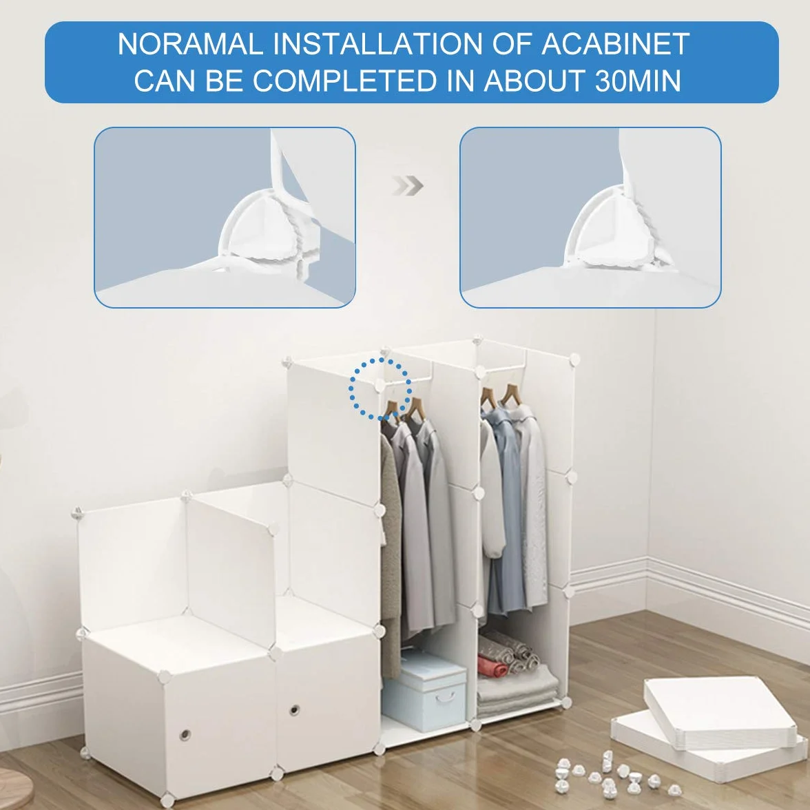 BRIAN & DANY Szafa na ubrania z 16 kostkami, plastikowa szafa z drzwiami i 3 wieszakami, głębsze kostki niż normalne (45 cm vs. 35 cm) dla większej pojemności, biała