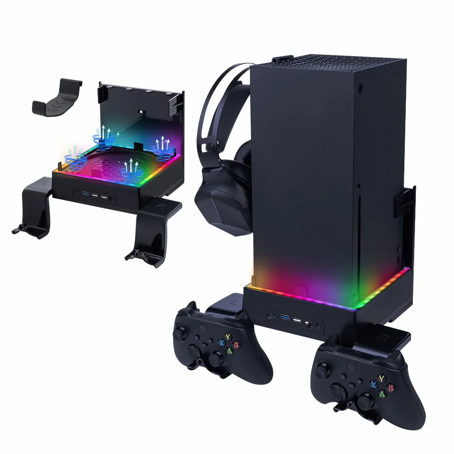 Mcbazel Xbox Series X Zestawy do Montażu ściennego z Wentylatorem Chłodzącym, Wspornik Systemu Chłodzenia LED RGB z Regulowanymi Poziomami Prędkości/Portami USB/Wspornikami Kontrolera