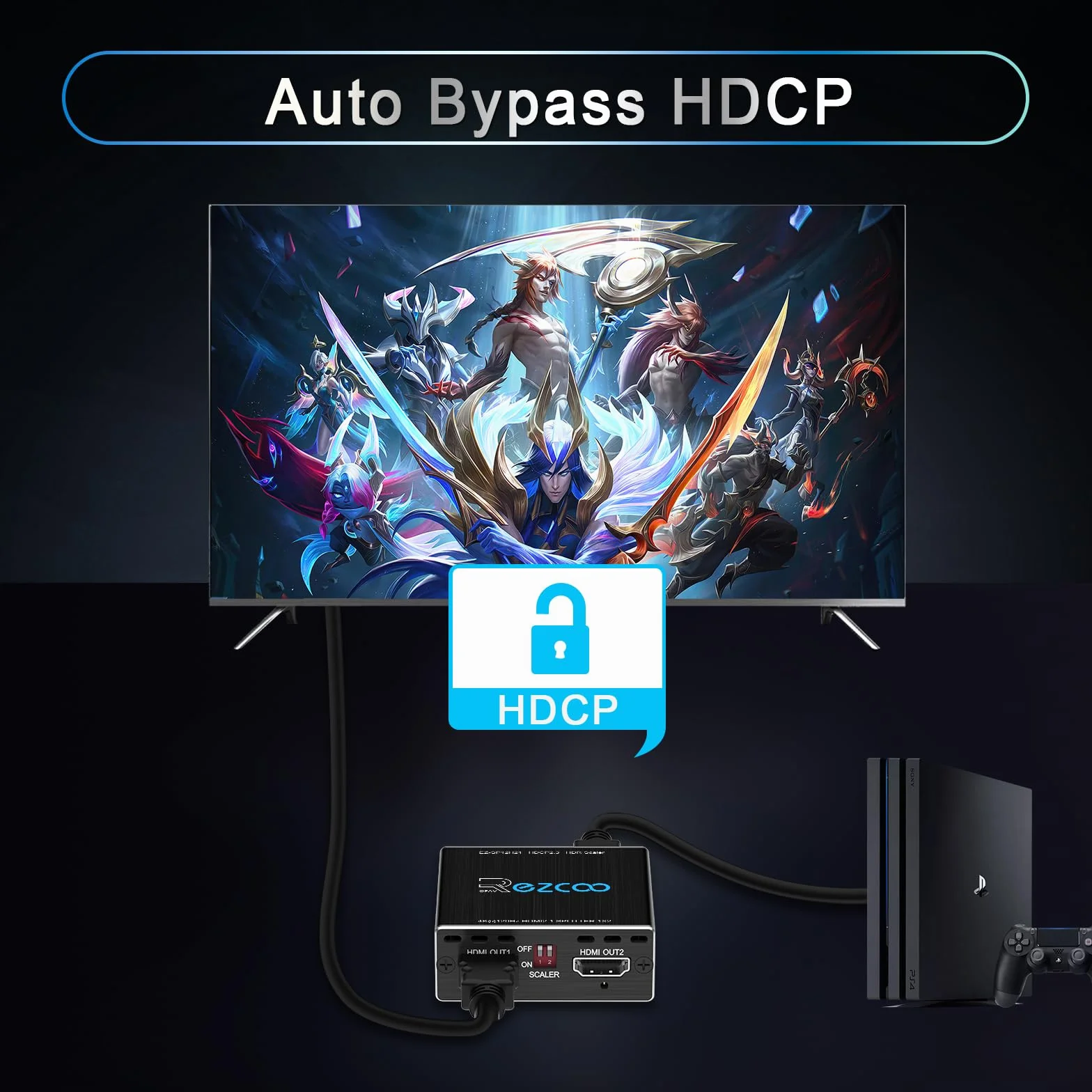 Rozdzielacz HDMI 1 in 2 Out 4K 60Hz HDMI Splitter 1080P 120Hz 4:4 HDR D-olby Vision D-olby Atmos Scaler 4K 1080P, oprogramowanie sprzętowe HDCP2.2, przełącznik Scaler EDID, USB Power