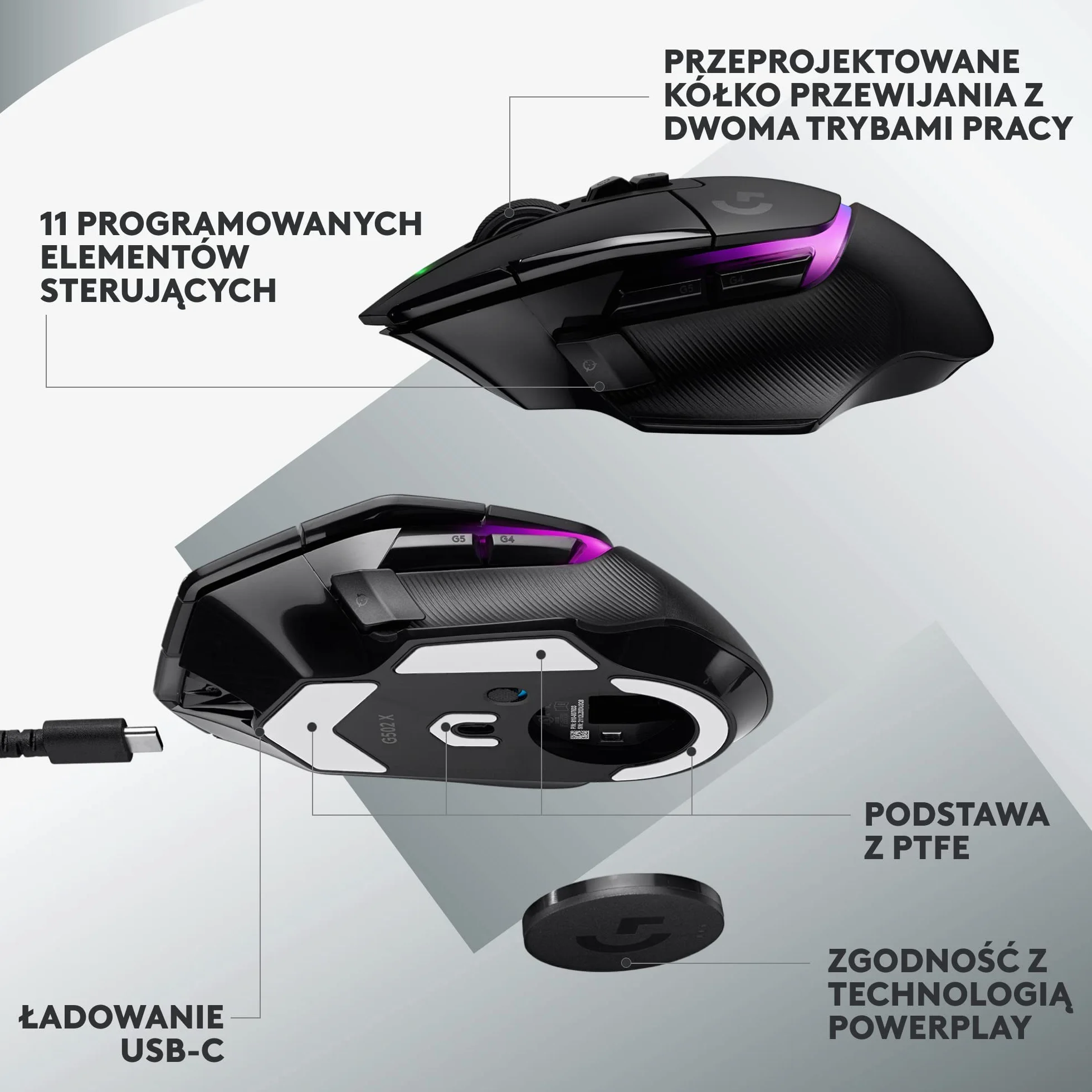 Logitech G502 X bezprzewodowa, podświetlana mysz gamingowa, hybrydowe optyczne przyciski LIGHTFORCE, LIGHTSYNC RGB, sensor HERO 25K, kompatybilna z PC - macOS/Windows - Czarny