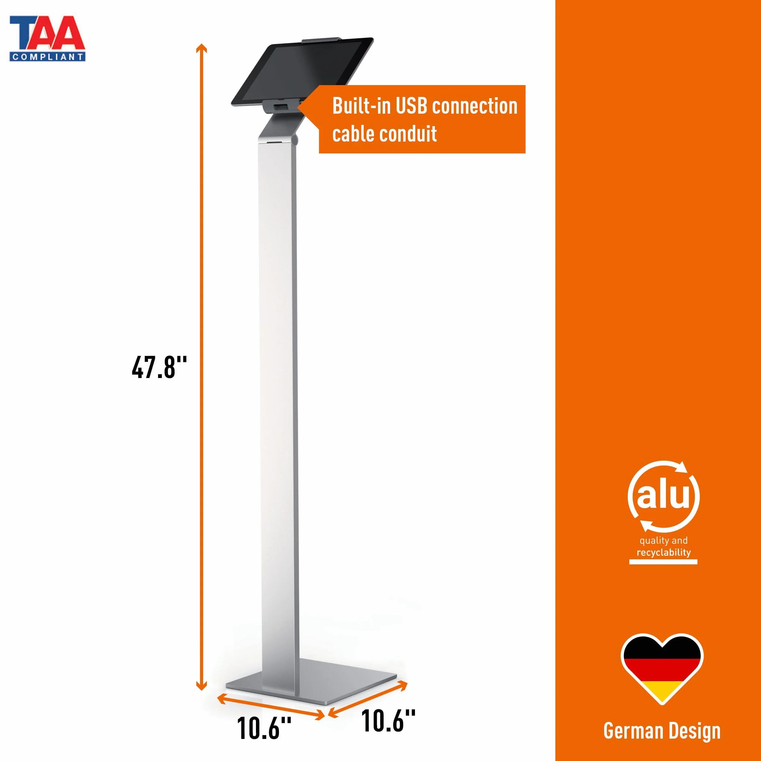 Durable 893223 Stojak podłogowy z uchwytem do tabletu (do tabletów 7-13 cali, uchwyt obracany o 360° z zabezpieczeniem przed kradzieżą), kolor srebrno-antracytowy