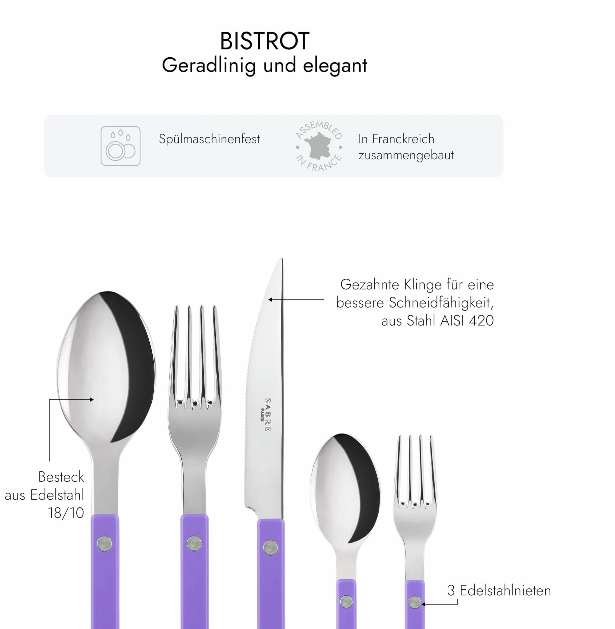 SABRE PARIS - Zestaw sztućców stołowych, 5-częściowy - Bistrot - nóż, widelec, łyżka, łyżeczka do herbaty i widelec do ciasta - stal nierdzewna i nylon - można myć w zmywarce - fioletowy