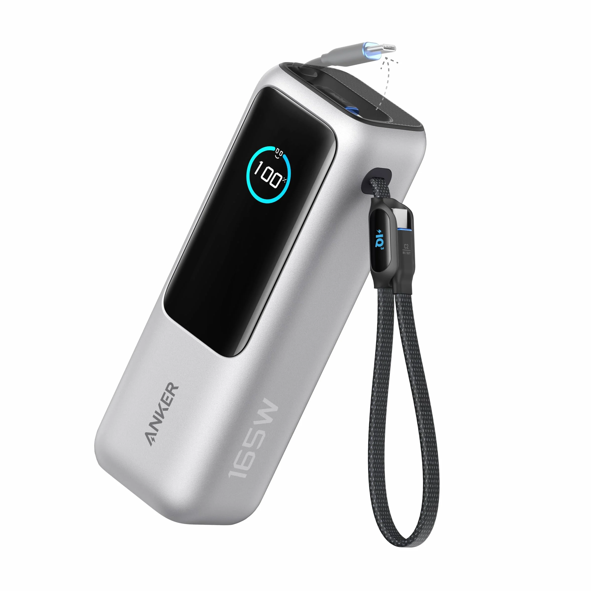 Anker 165W 25000 mAh Laptop Powerbank, Ladegerät mit 70cm ausziehbarem Kabel & Trageband, 3 USB-C Ports für Laden mehrerer Geräte, Für MacBook Pro, iPhone 17/16/15, Samsung und mehr (flugzeugtauglich)