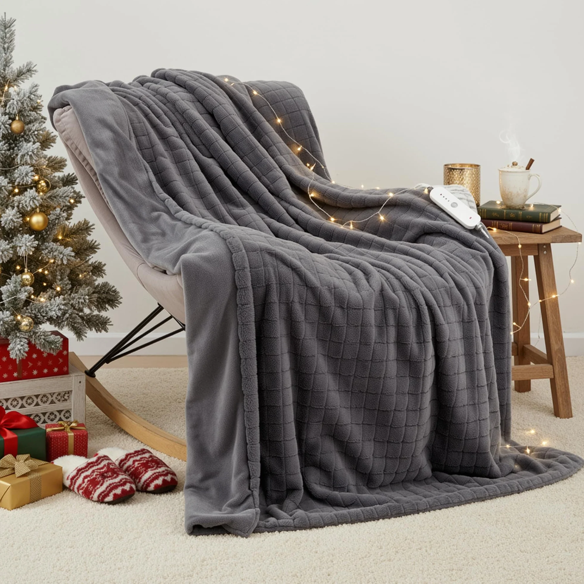 CURECURE Elektryczny koc grzewczy 130x180cm, 3D siatka króliczy fleece & Flanela, 4 ustawienia grzania, Auto wył. 10H, Nadający się do prania maszynowego koc grzewczy na łóżko kanapę biuro