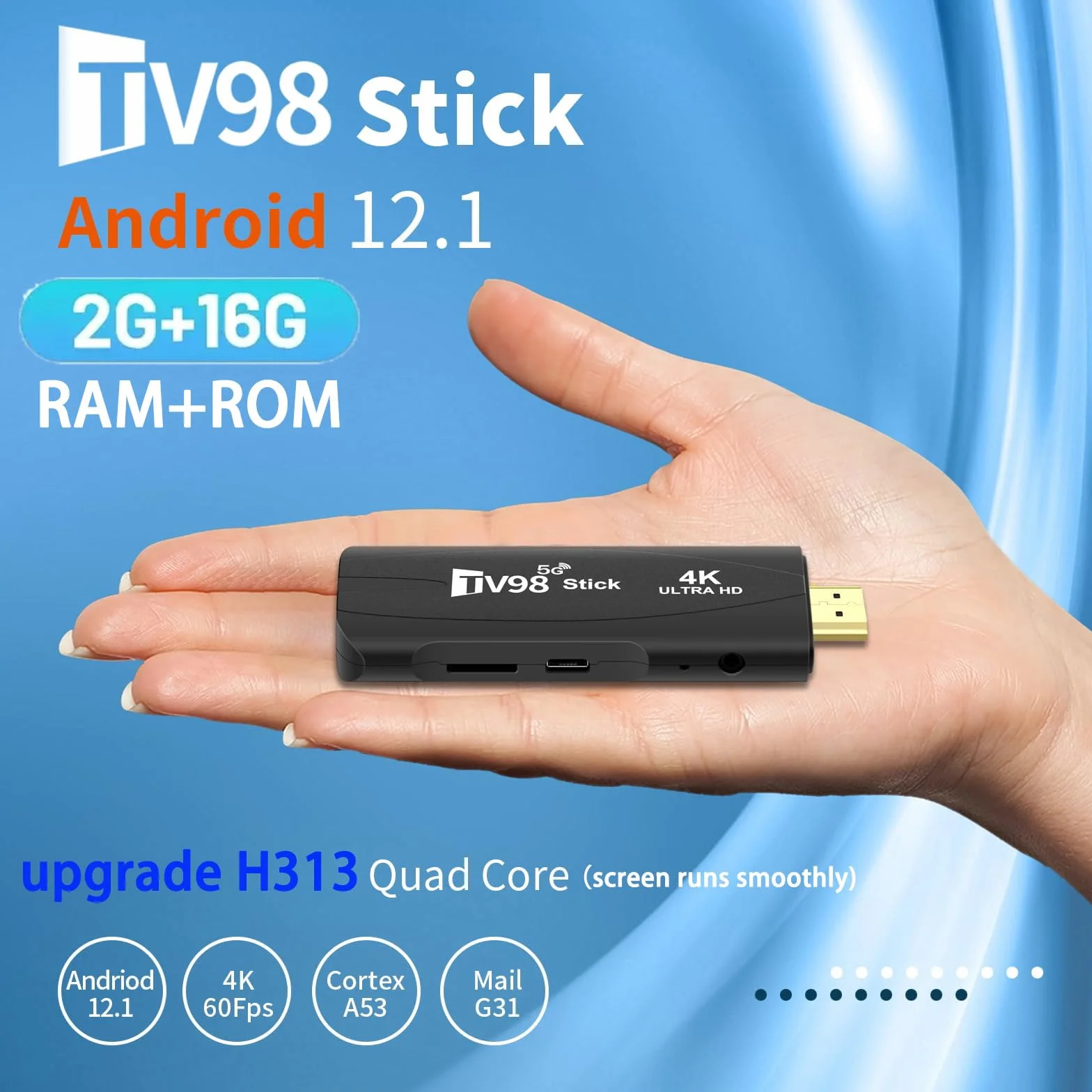 Android TV Stick 4K DDR4, 2 GB RAM, 16 GB ROM, H313, czterordzeniowy, 64-bitowy, WiFi5, Dual 2,4G/5G, WiFi, HDR10+ HD, Smart TV Stick Box (H 2+16)