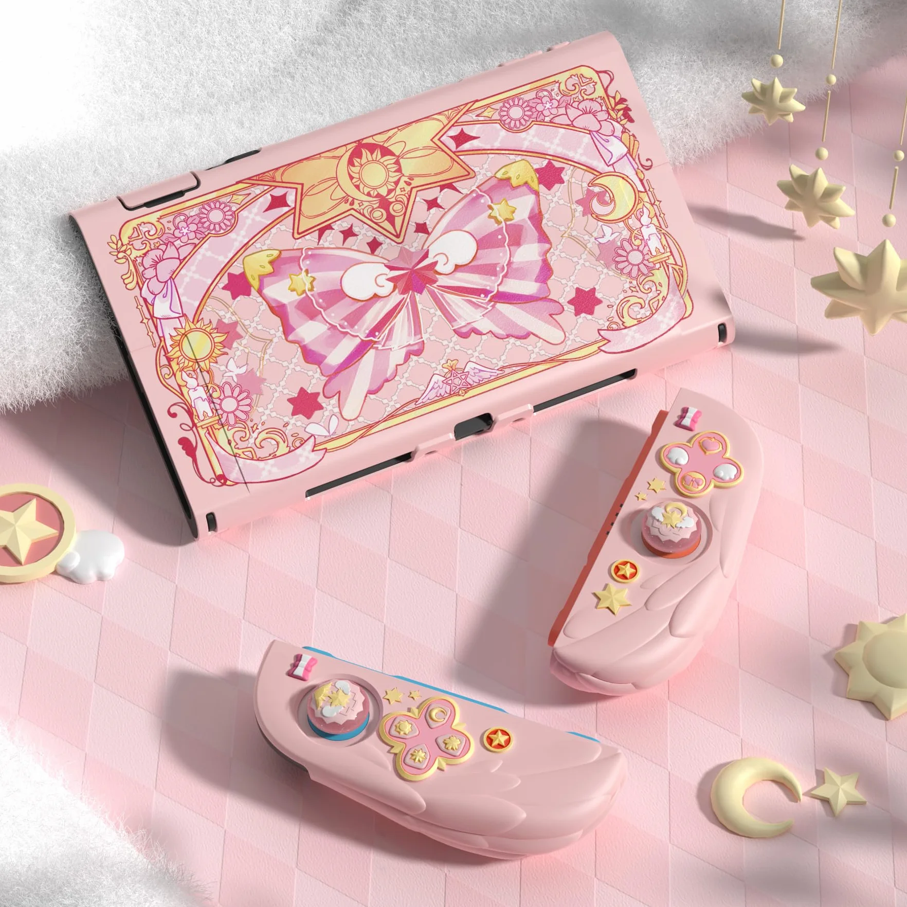 PlayVital Etui na Konsolę do Switch 2 Akcesorium z Silikonowymi Osłonami Joycon & Nakładkami na Joysticki do Switch 2,Dockowalne Ochronne-Różowe, Styl Magiczne Skrzydła