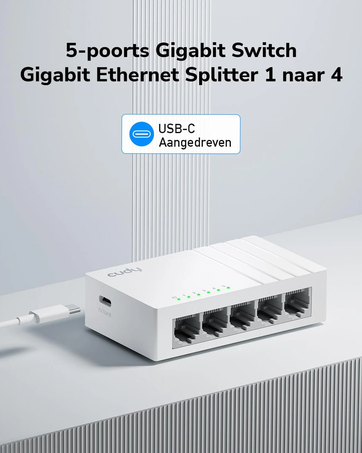 Cudy GS105U 5-portowy gigabitowy przełącznik Ethernet z gniazdem zasilania USB-C pulpit rozdzielacz Ethernet plastikowa obudowa nieekranowany przełącznik Plug & Play bez wentylatora niezarządzany