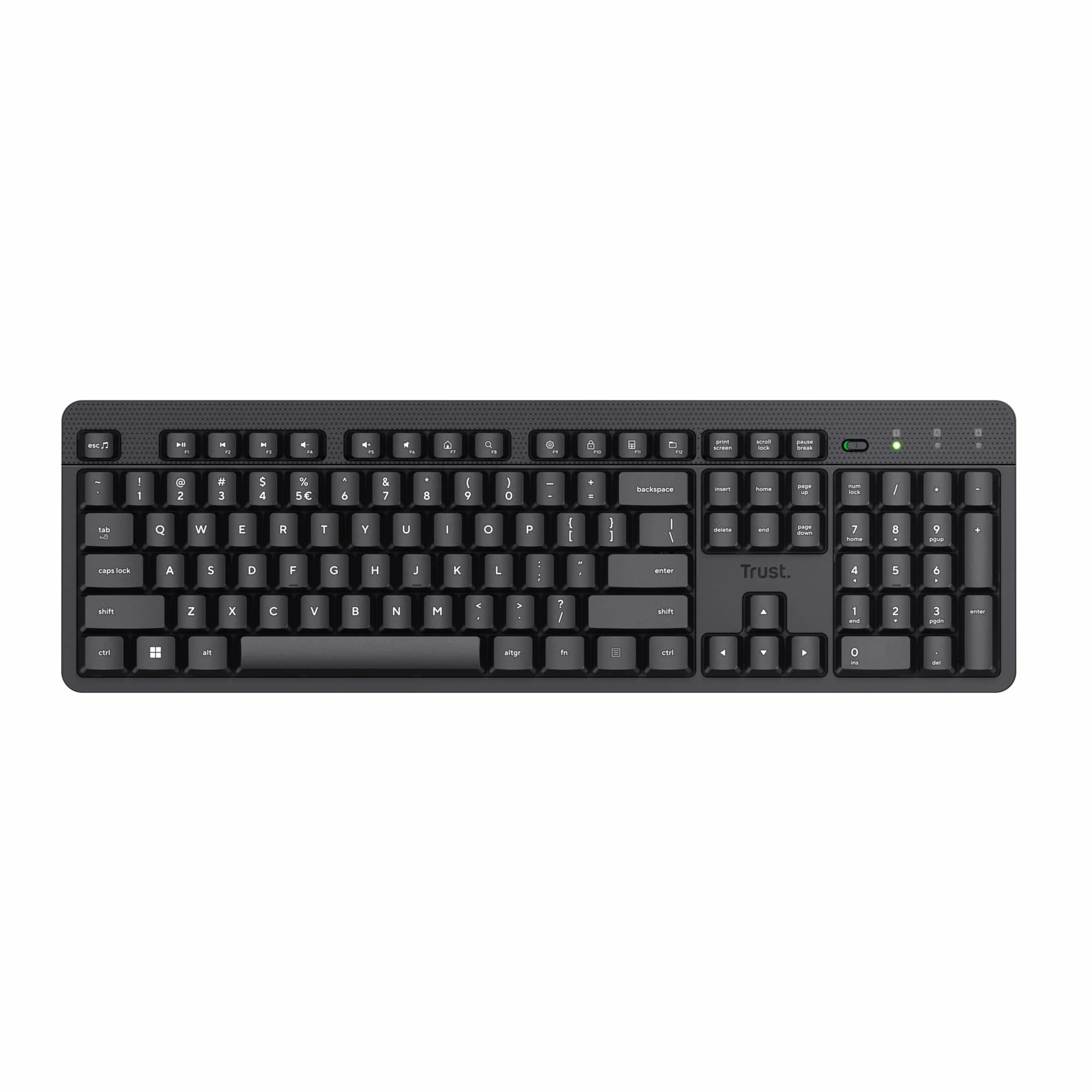 Trust Ody II Cicha klawiatura bezprzewodowa QWERTY układ US, unoszące się niskoprofilowe klawisze, odporne na zalanie, mikroodbiornik USB 2,4 GHz, pełnowymiarowa bezprzewodowa klawiatura do PC,