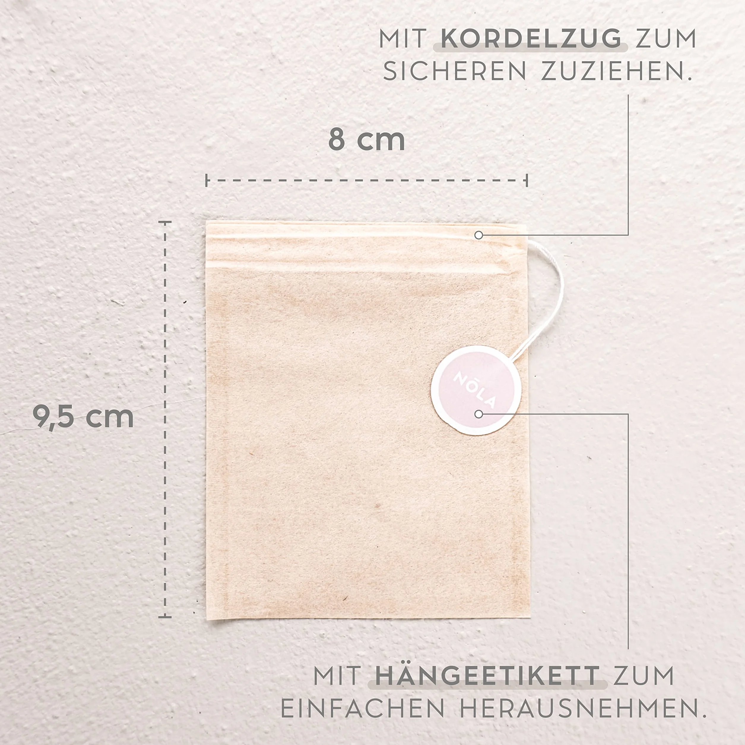 NOLA Jednorazowe torebki do herbaty sypkiej (100 sztuk) – biodegradowalne i nadające się do recyklingu – ze sznurkiem ściągającym – 9,5 x 8 cm – nadają się również do dzbanków do herbaty